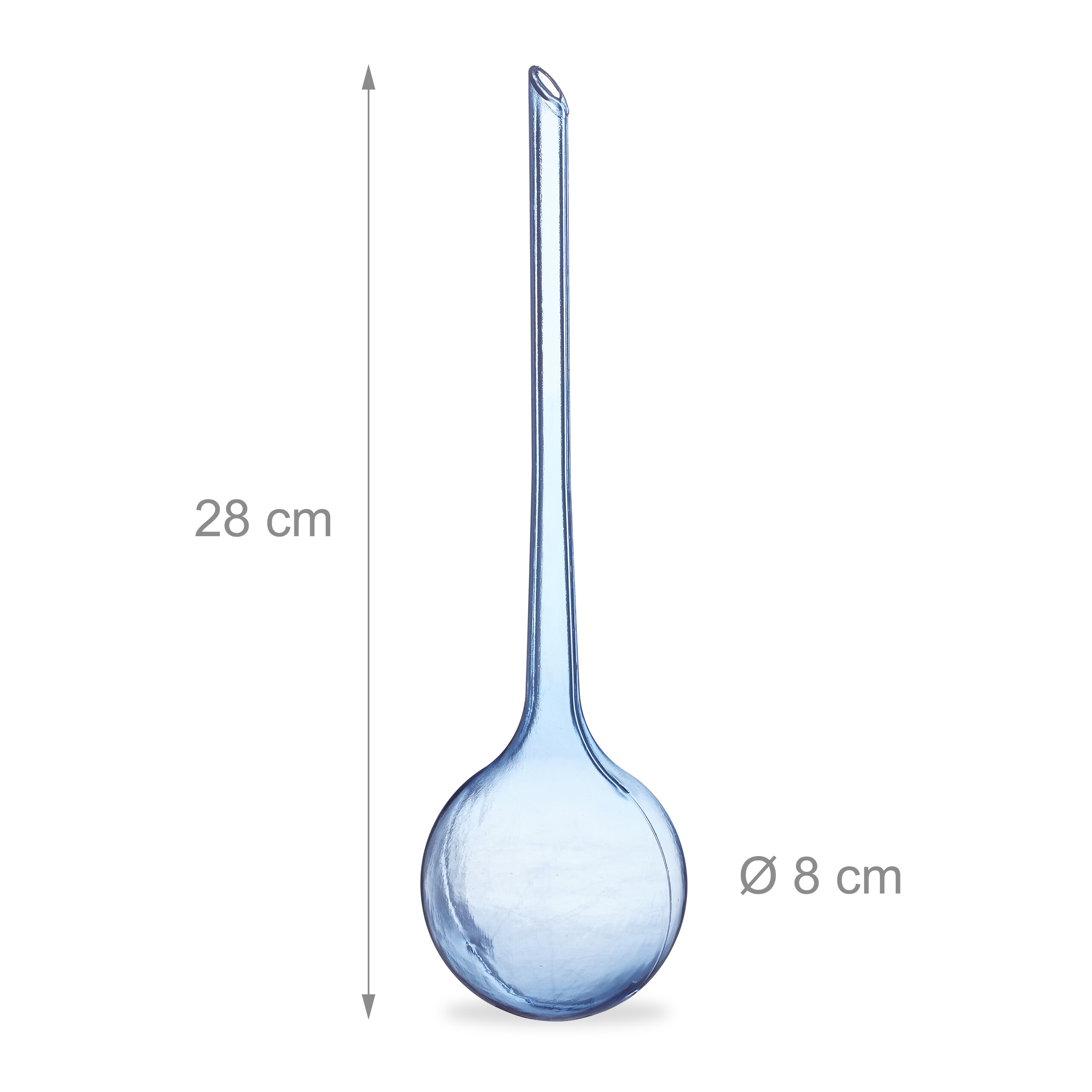 Ein hellblaues Bewässerungskugel mit runder Kugel und langem Hals, 28 cm hoch und 8 cm breit.