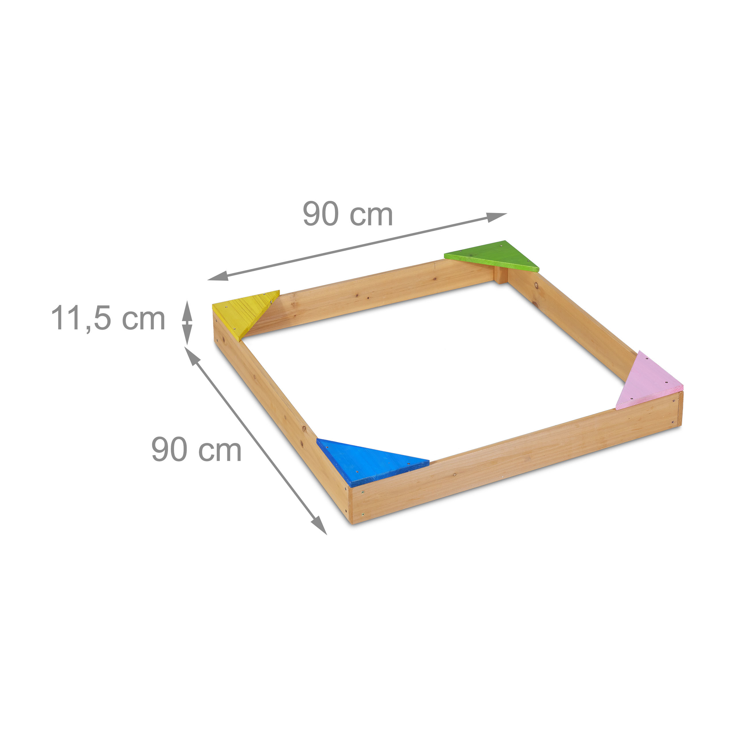 Quadratischer Sandkasten aus Holz mit bunten Ecken und Maßangaben.