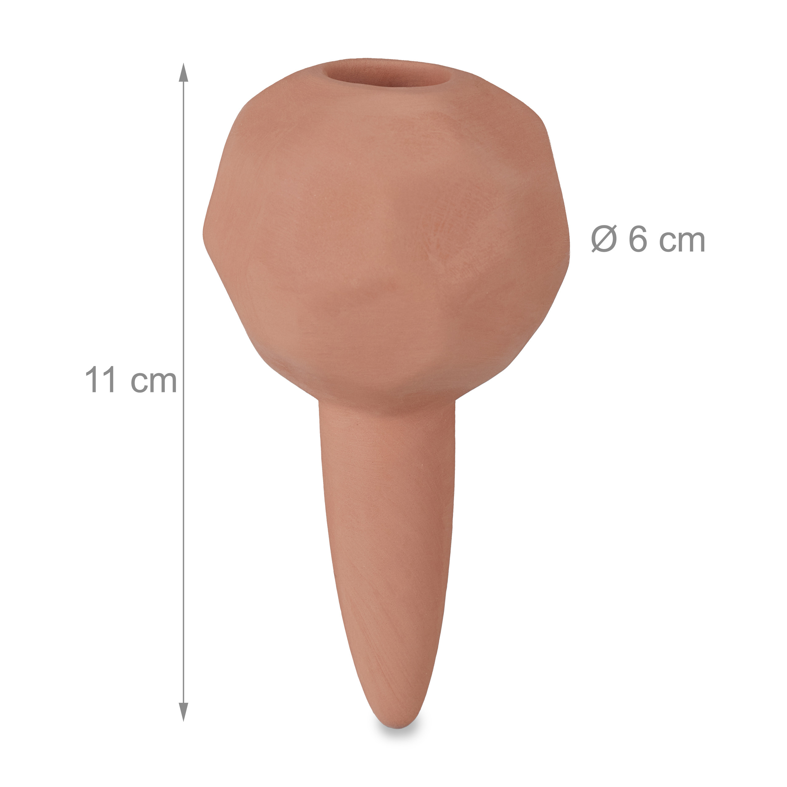 Terracotta-Pflanzenbewässerer mit 11 cm Höhe und 6 cm Durchmesser.