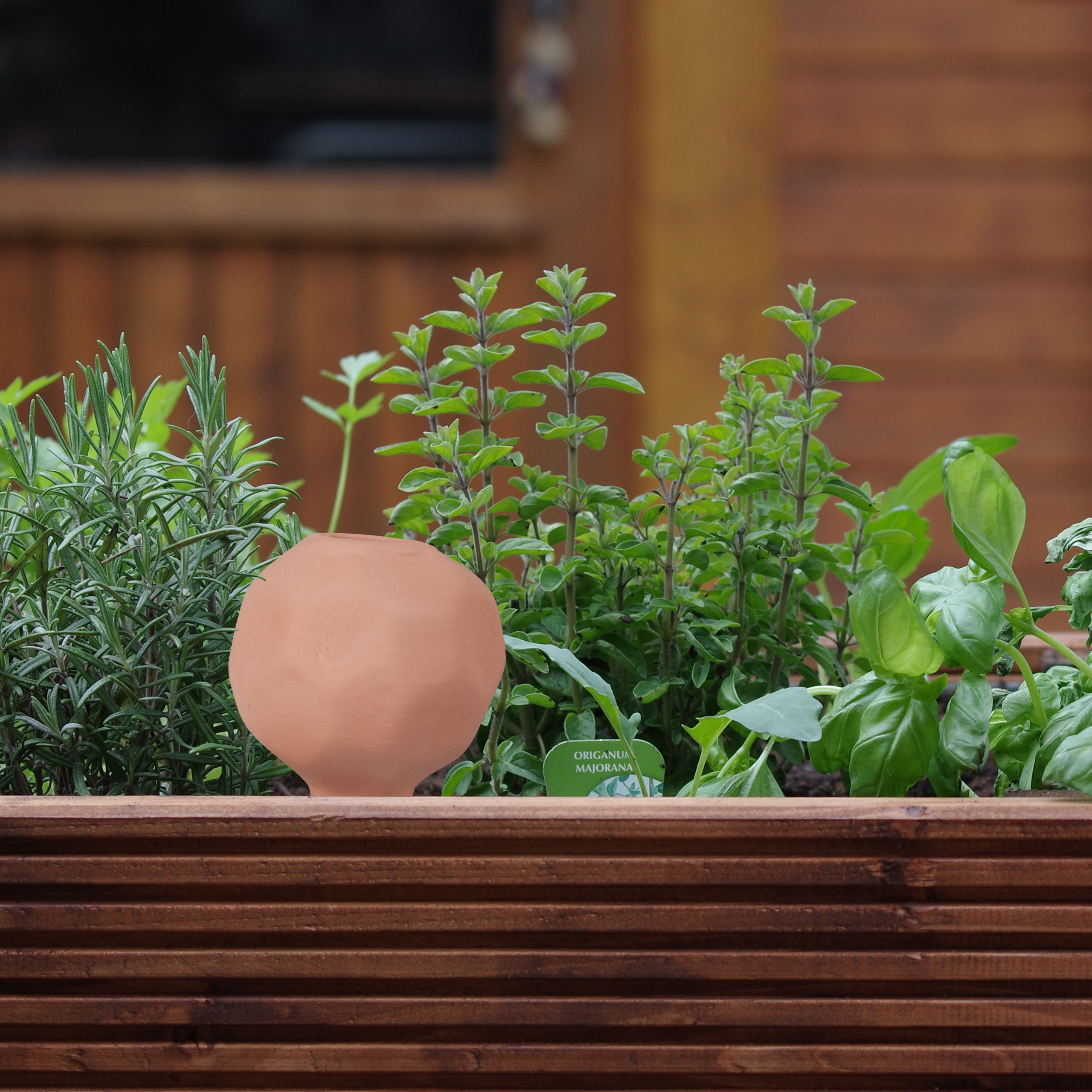 Ein hölzerner Pflanzkasten gefüllt mit frischen Kräutern wie Rosmarin und Oregano vor einer Holzwand.