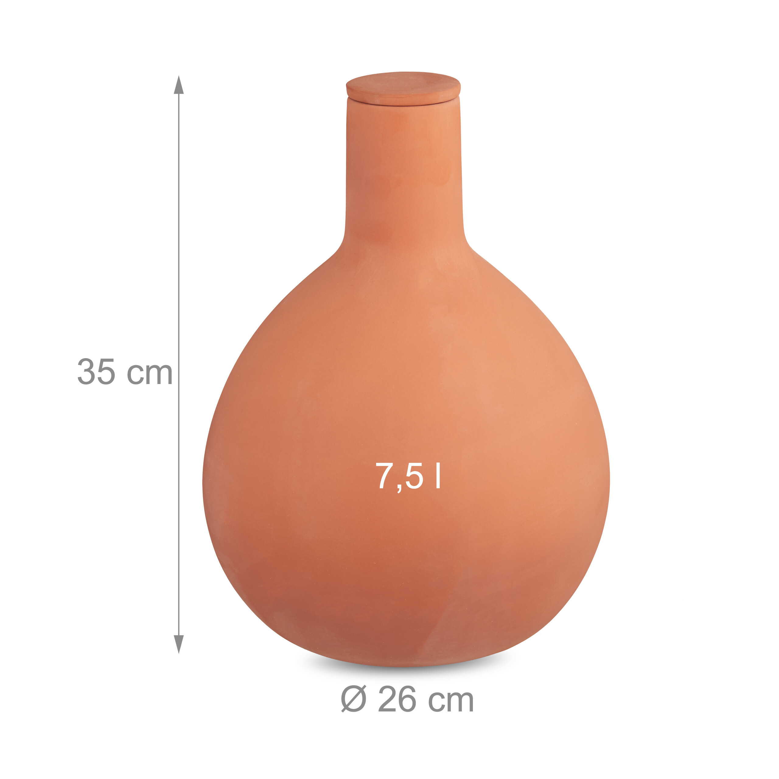 Terrakotta-Bewässerungskugel, 35 cm hoch, 7,5 Liter Fassungsvermögen, 26 cm Durchmesser.