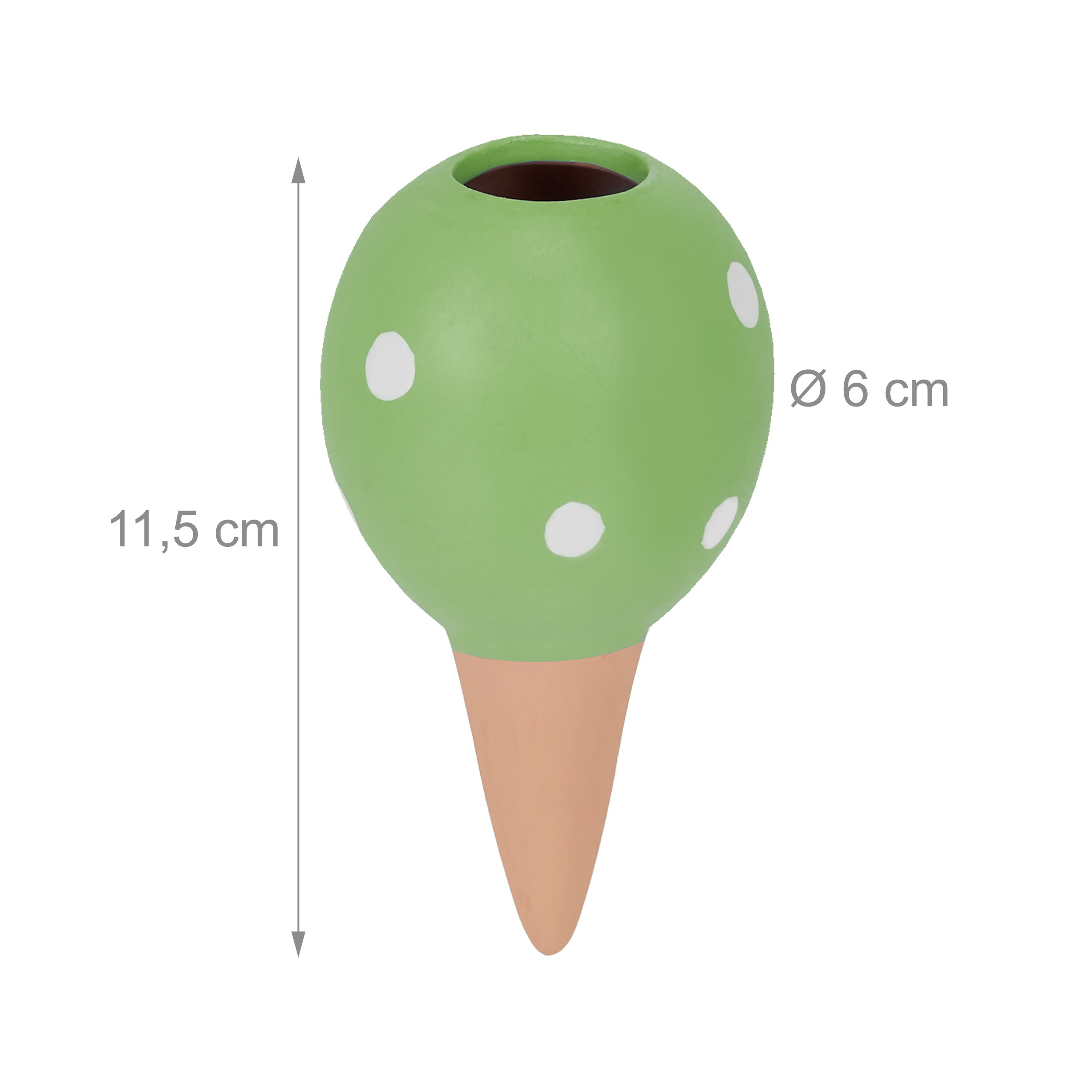 Grüner, runder Blumenton mit weißen Punkten und spitzem Erdspieß, 11,5 cm hoch.