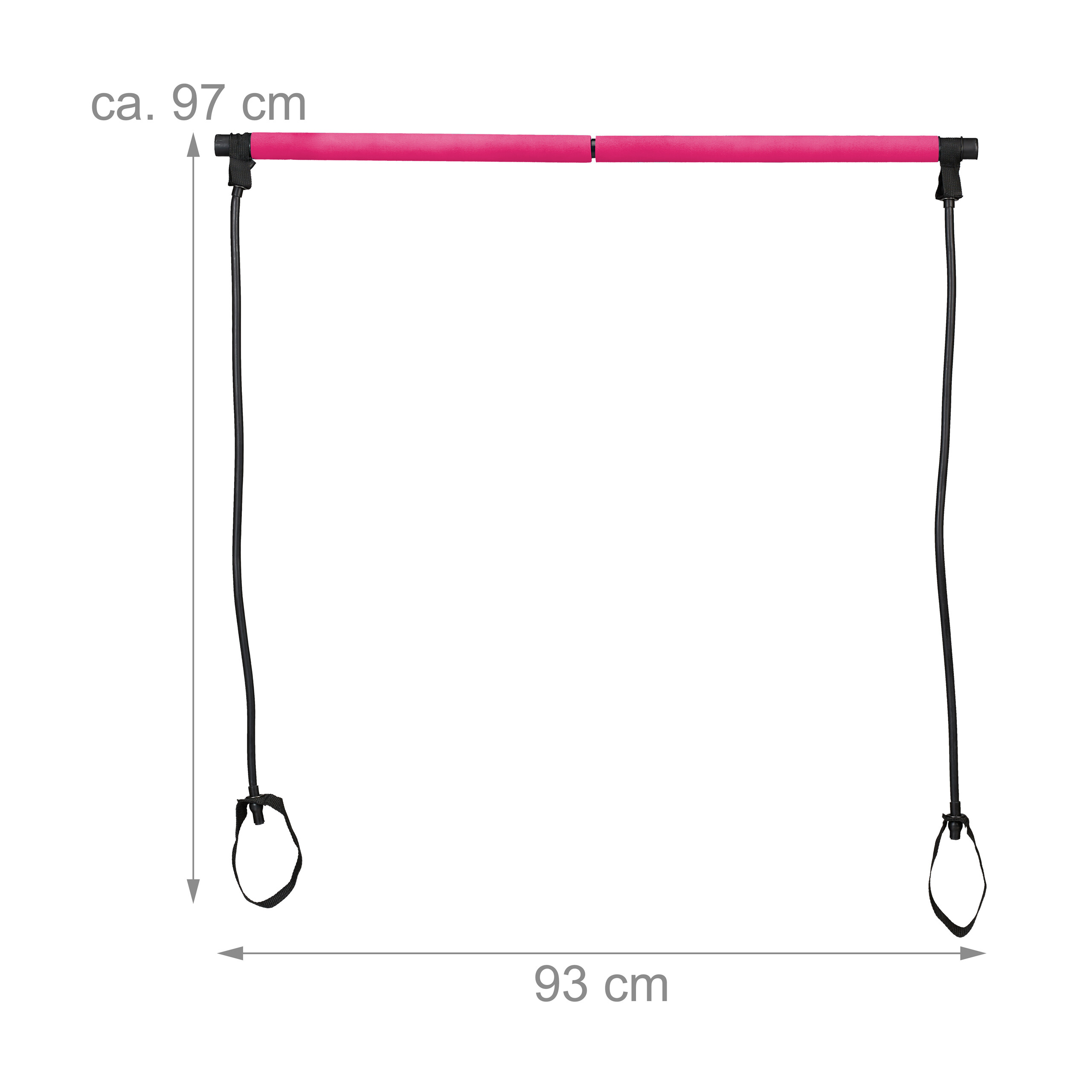 Rosa Fitnessstange mit schwarzen Widerstandsbändern, Abmessungen ca. 97 cm mal 93 cm.