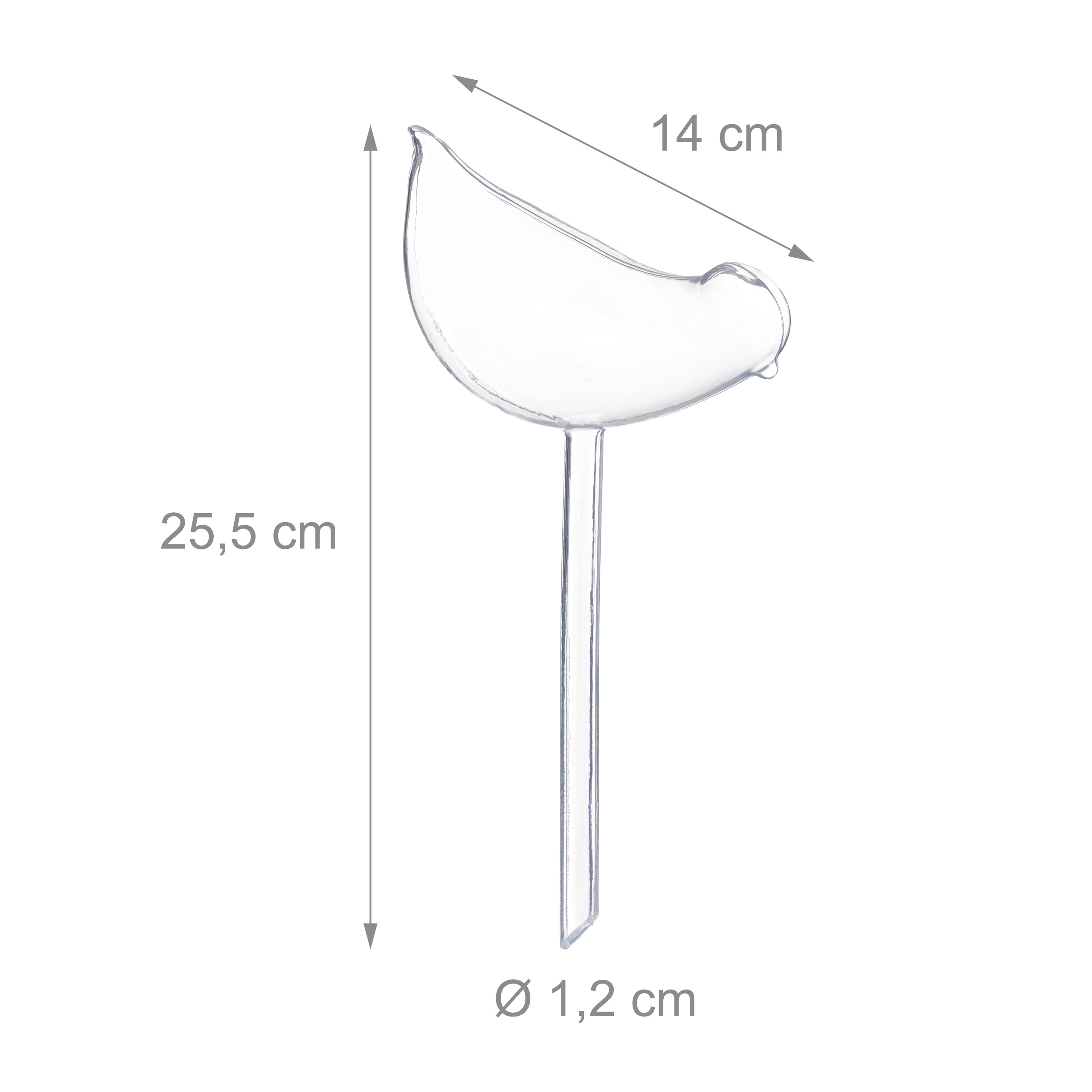 Transparente Vogel-Gießkugel mit Bemaßung, 25,5 cm Höhe und 14 cm Breite.