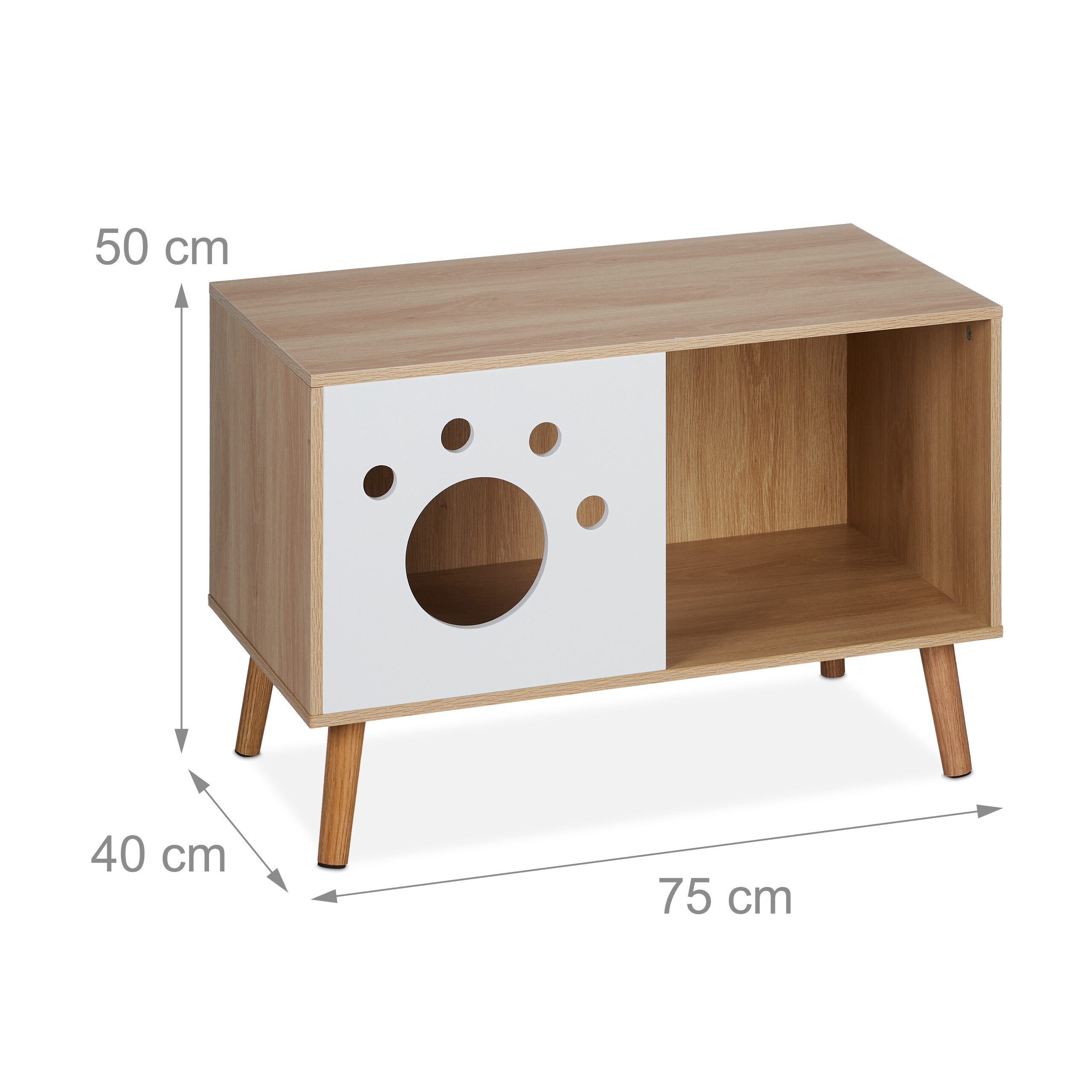 Ein Katzenhaus aus Holz mit weißer Tür und Pfoten-Eingang, mit Maßen für Höhe, Breite und Tiefe.