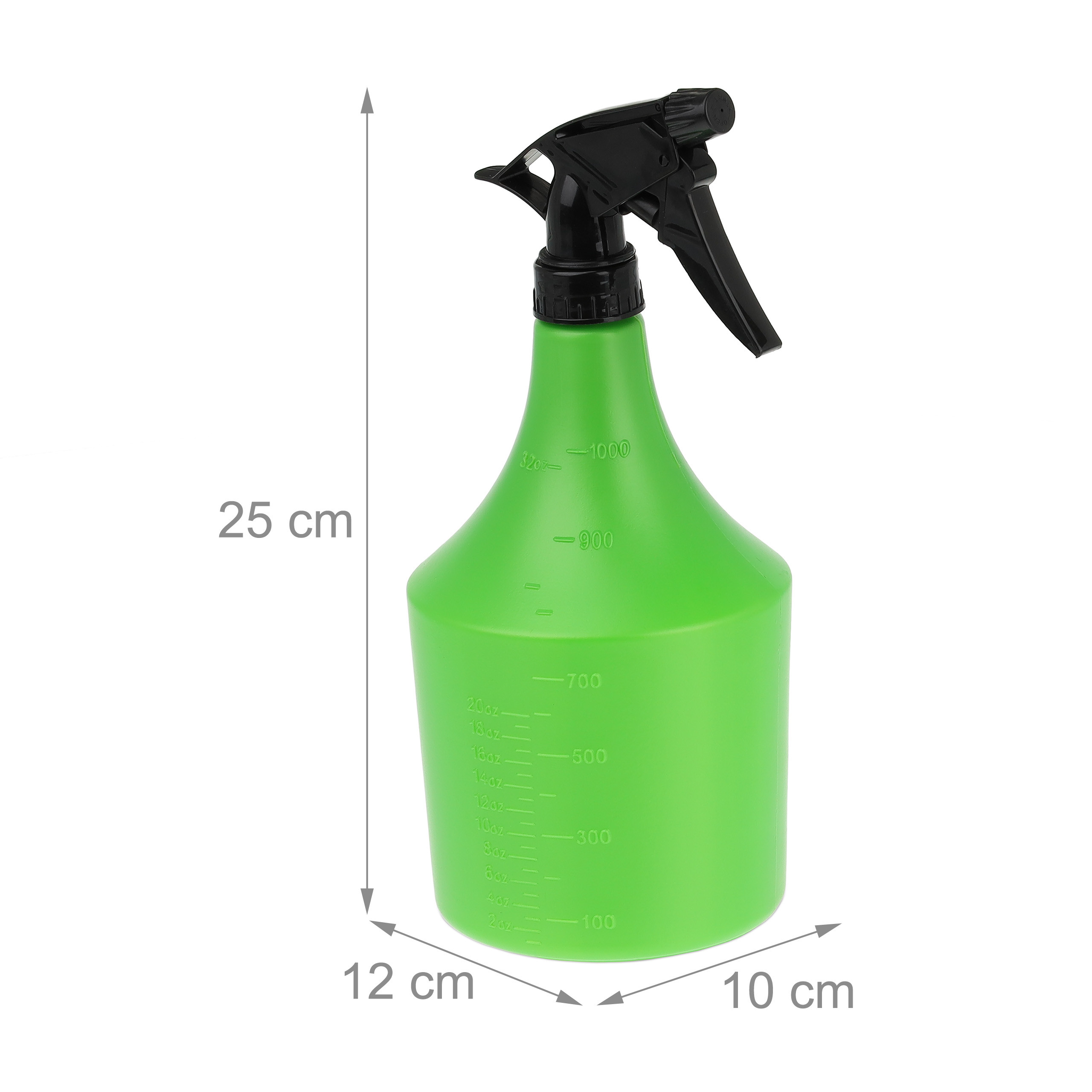 Grüne Sprühflasche mit schwarzem Sprühkopf und Maßangaben in cm, Höhe 25 cm, Breite 12 cm, Tiefe 10 cm.
