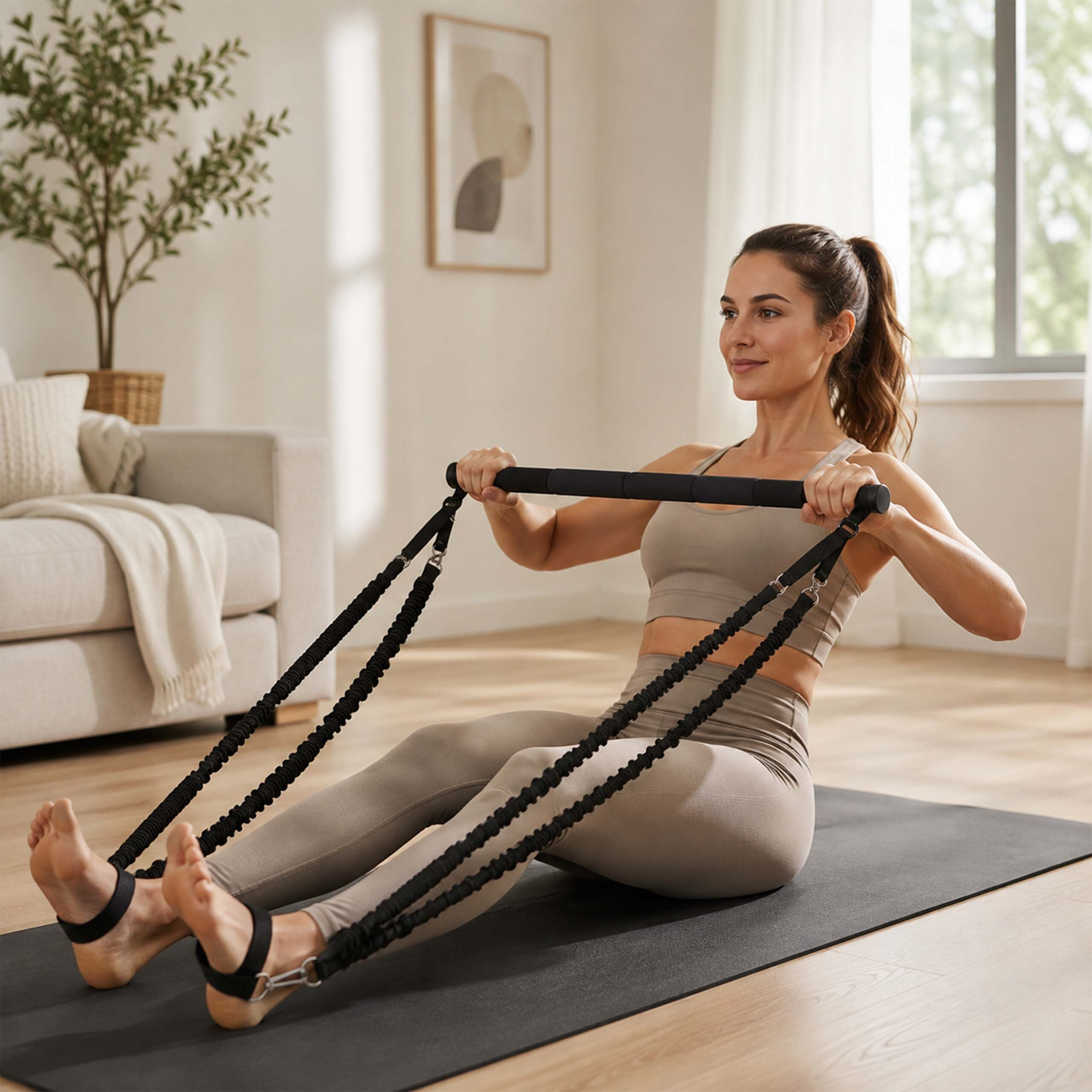 Eine Frau in Sportkleidung sitzt auf einer Yoga-Matte und zieht mit beiden Händen ein Widerstandsband.