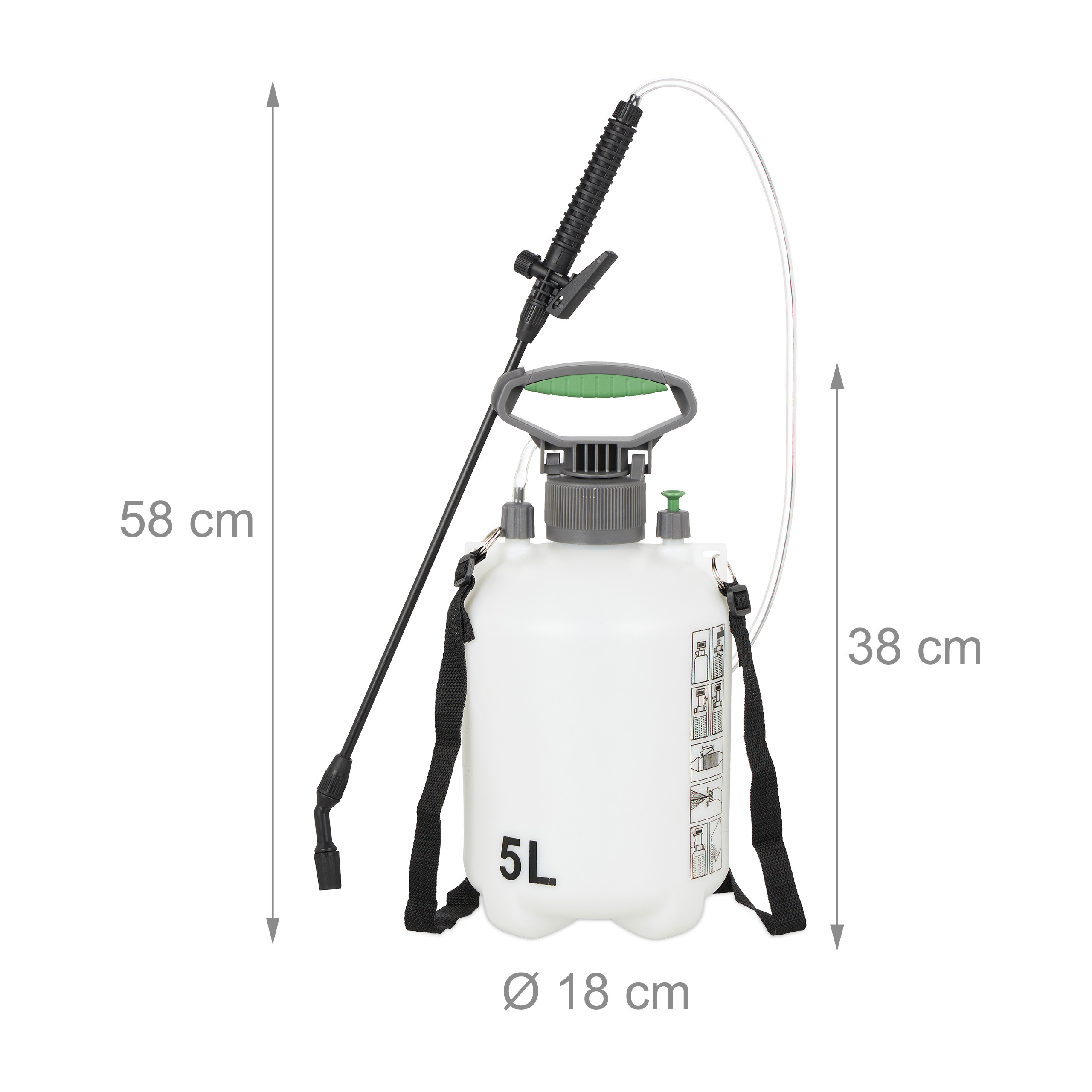 Weißer 5L-Drucksprüher mit schwarzem Schlauch, Stab und Maßangaben in cm.