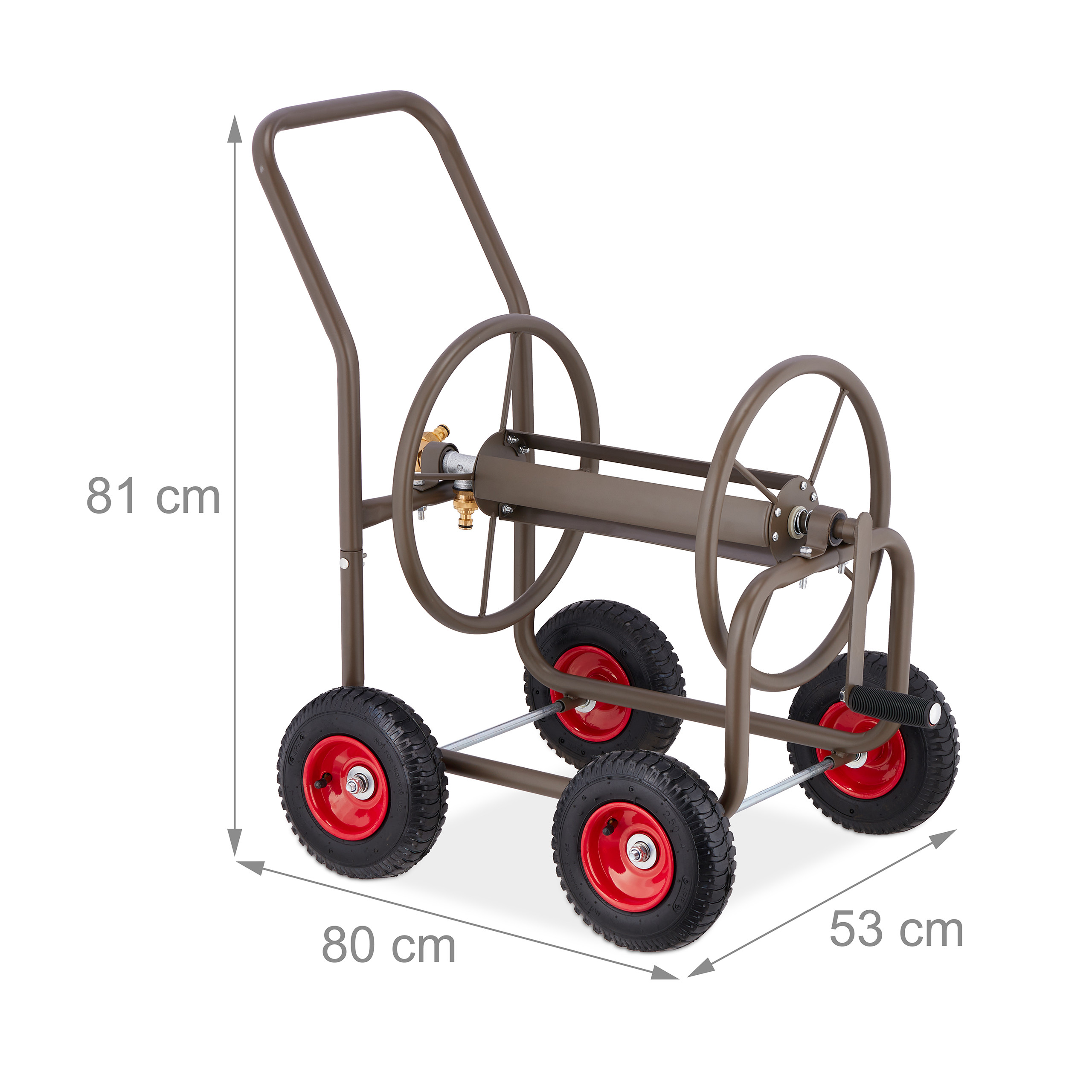 Grauer Gartenschlauchwagen mit vier rot-schwarzen Rädern und Maßen von 81x80x53 cm.