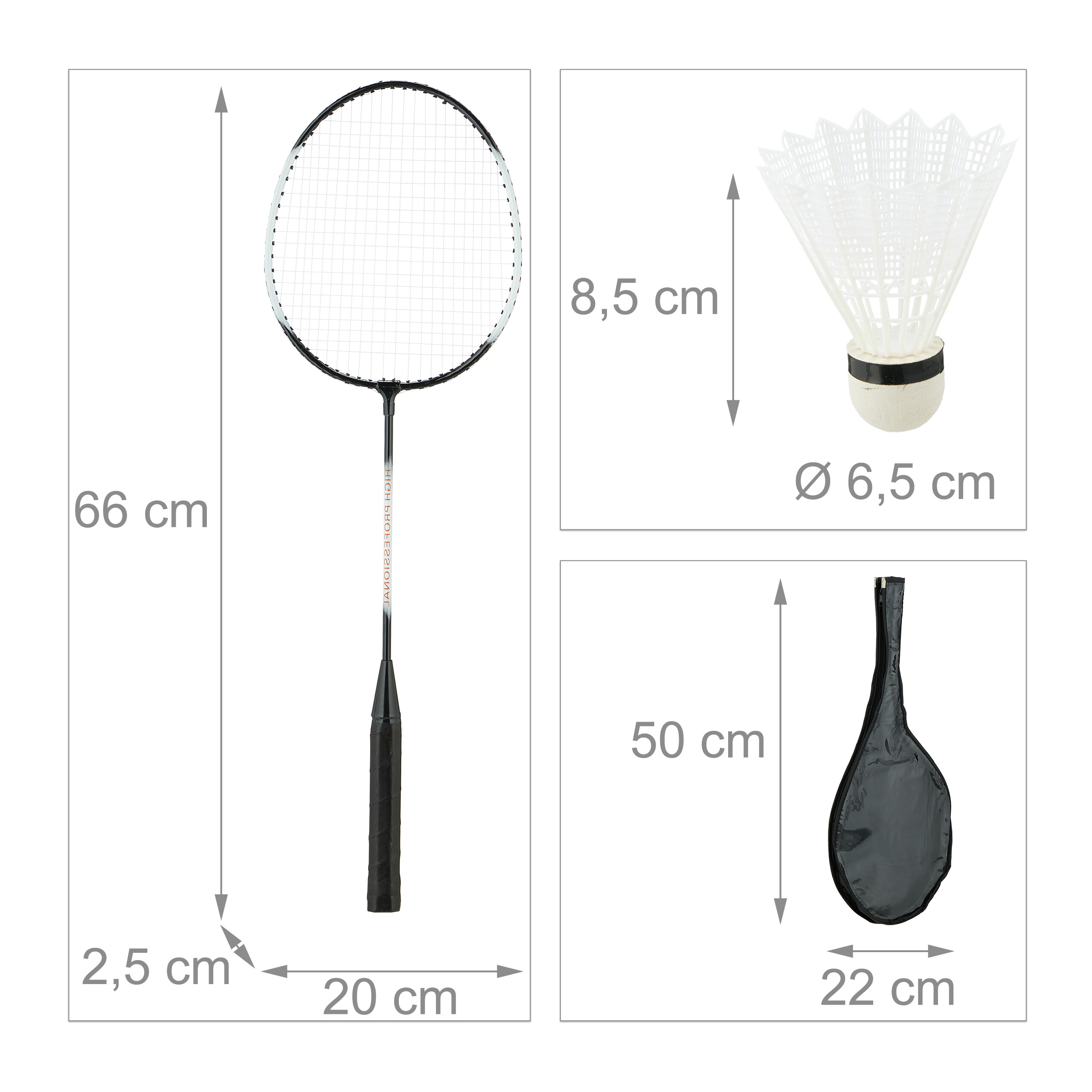 Diagramm mit Badmintonschläger, Federball und Tasche inklusive Maßangaben.