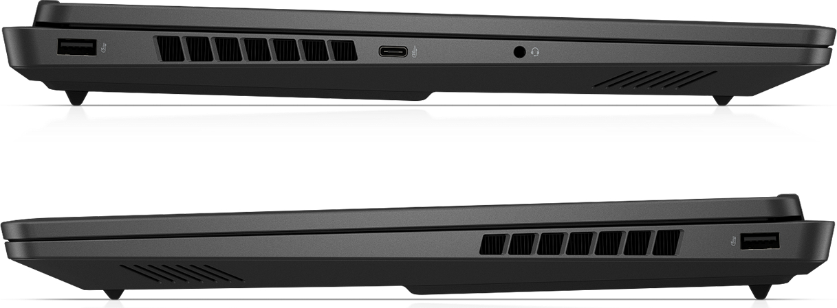 Beyaz arkaplanda USB bağlantı noktaları, havalandırma ızgaraları ve kulaklık jakı bulunan koyu renkli dizüstü bilgisayarın yan görünümleri.