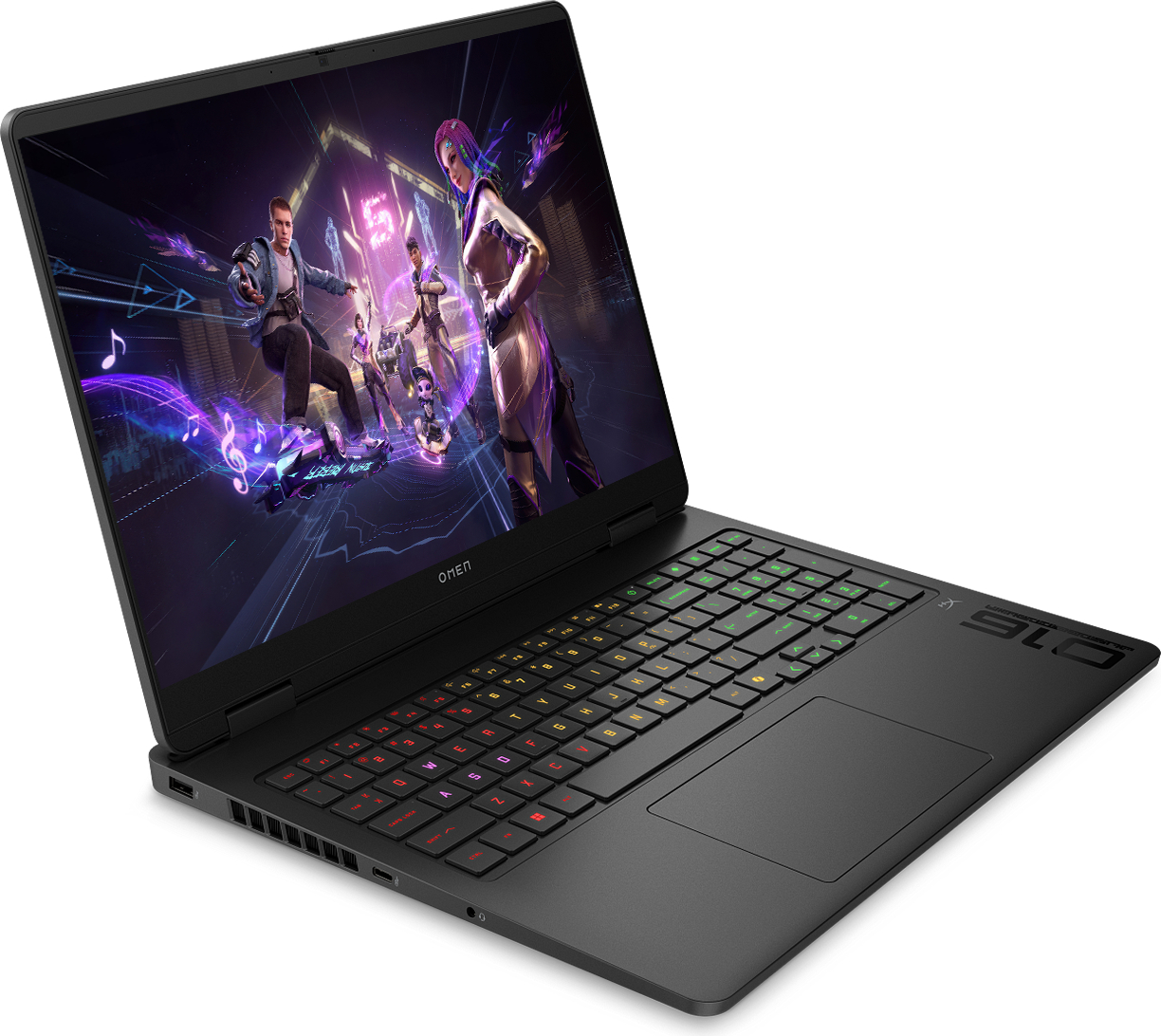 Açık siyah bir HP Omen 16 dizüstü bilgisayar, ekranda renkli fütüristik oyun sahnesi ve arka aydınlatmalı klavye.