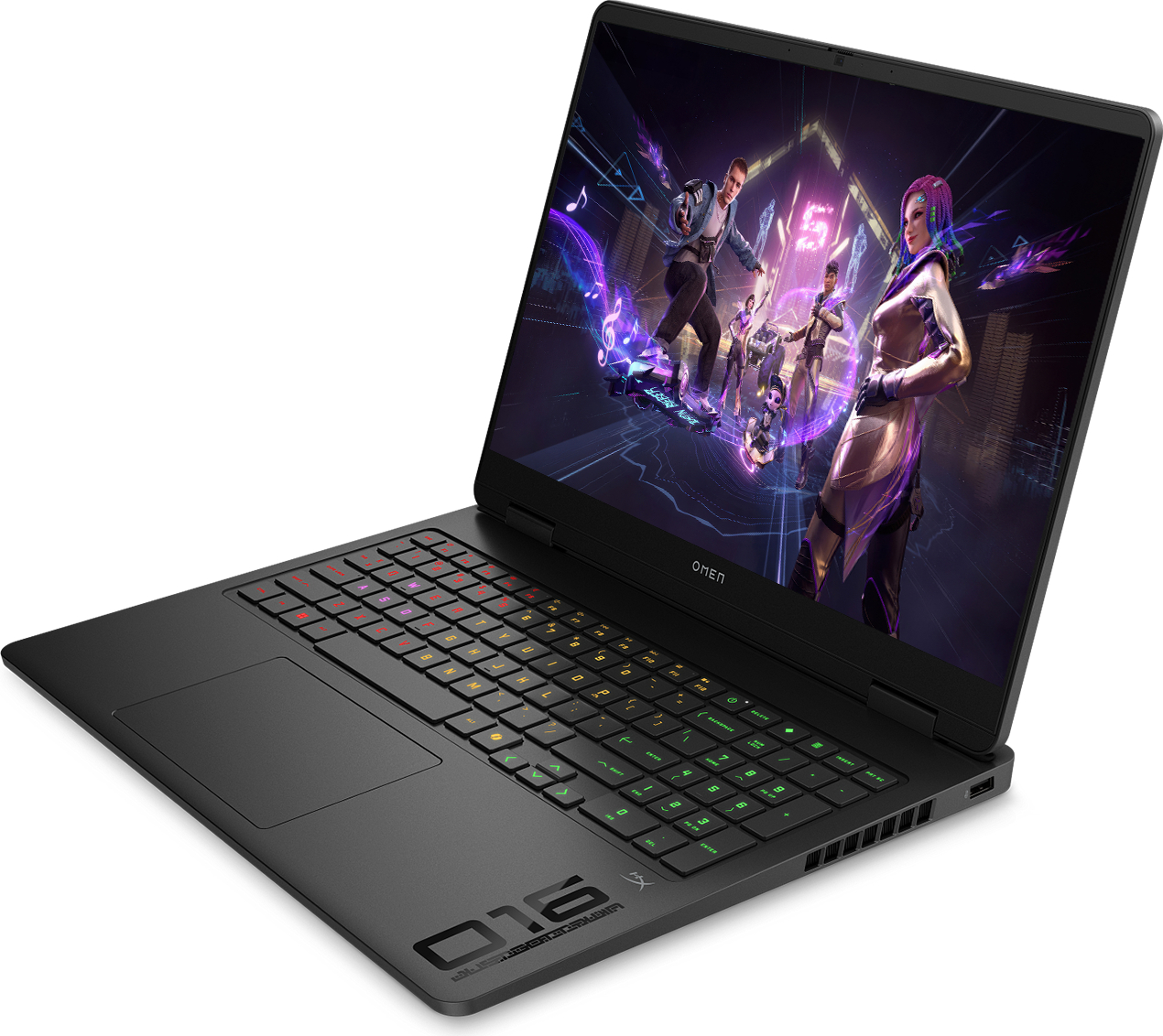 Beyaz arka planda renkli klavye arka aydınlatmasına ve ekranda bir fantezi oyununa sahip siyah HP Omen 16 dizüstü bilgisayar.