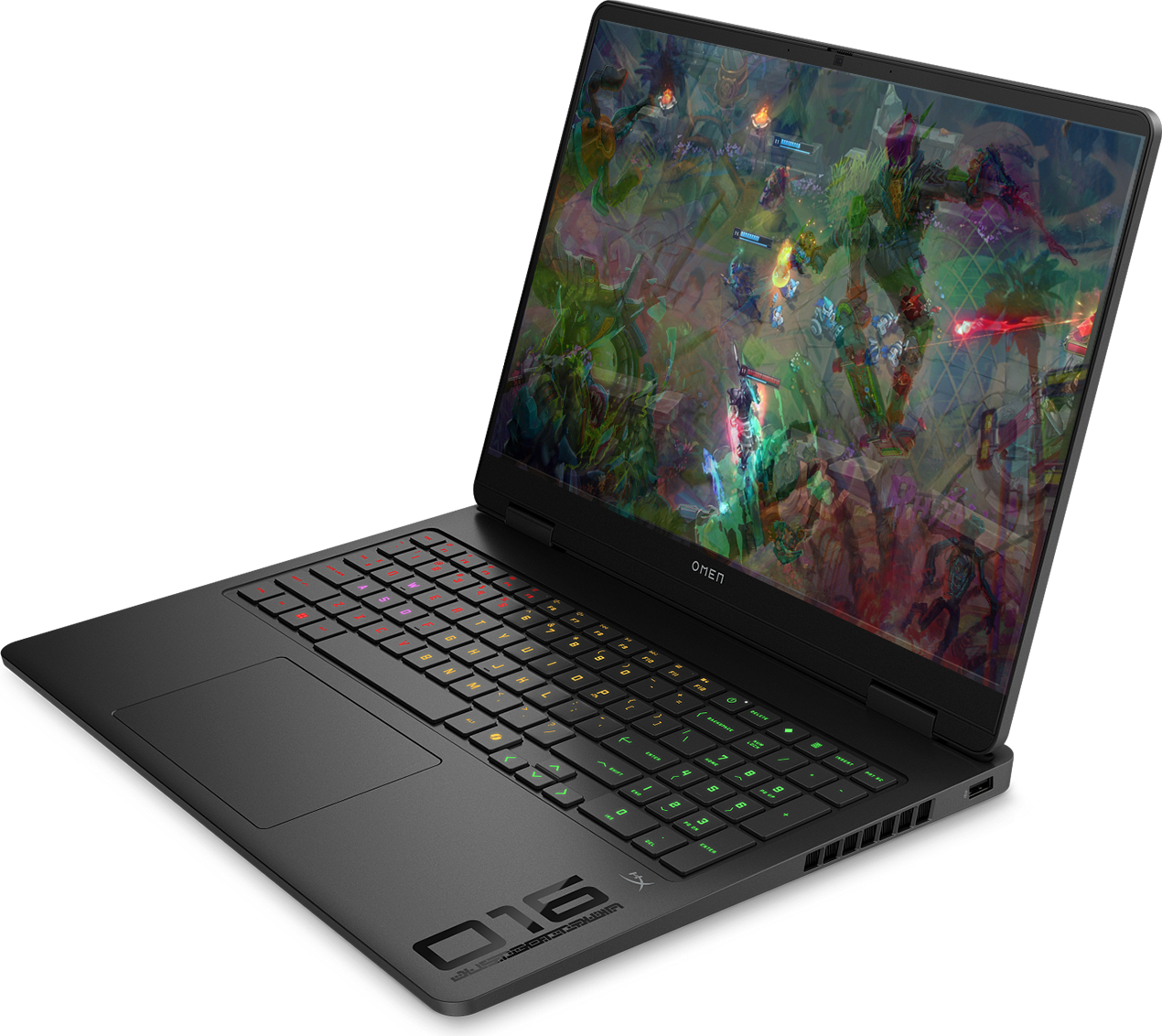 Ekranında fantastik bir oyun olan, renkli arkadan aydınlatmalı klavyeye sahip siyah bir HP Omen 16 dizüstü bilgisayar.