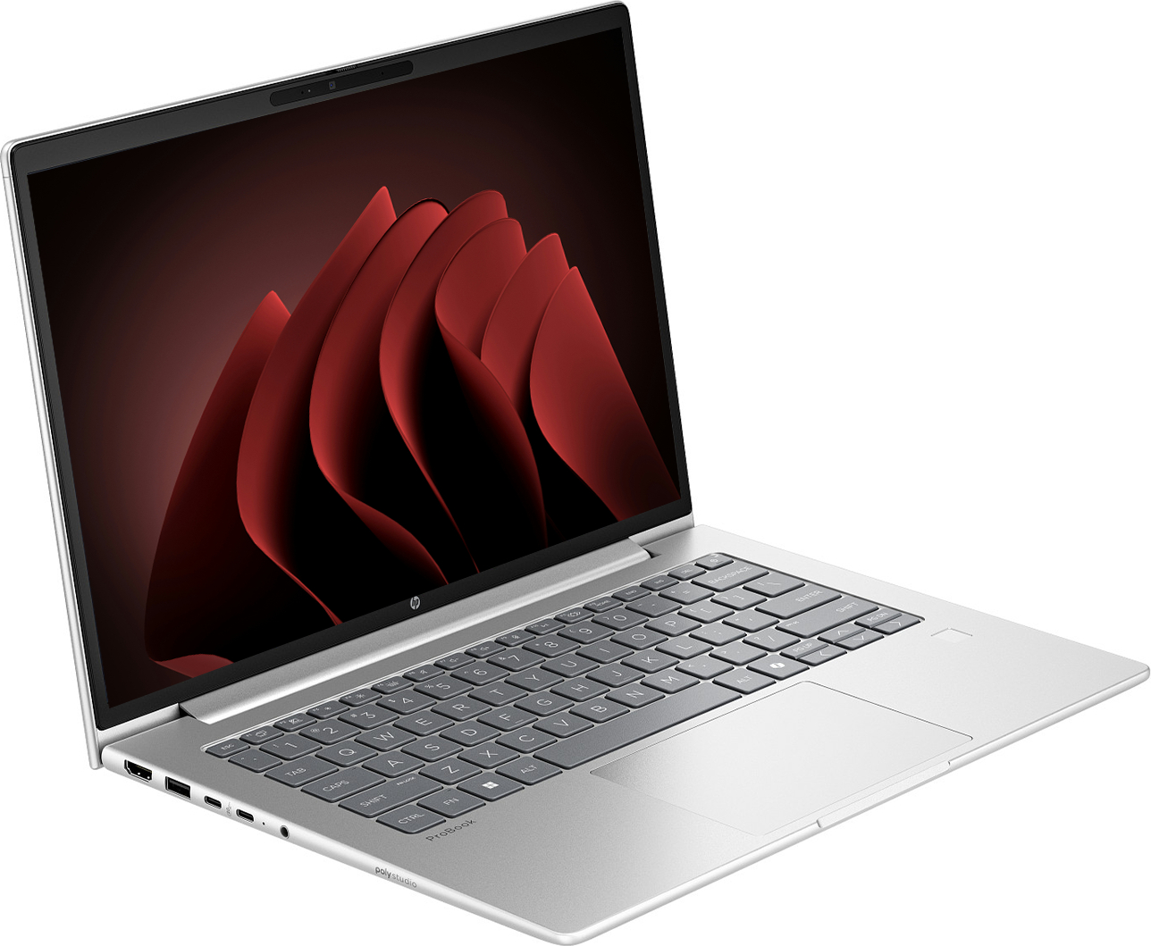 Ekranında kırmızı duvar kağıdı ve QWERTY klavyesi olan üç çeyrek profilli gümüş dizüstü bilgisayar.