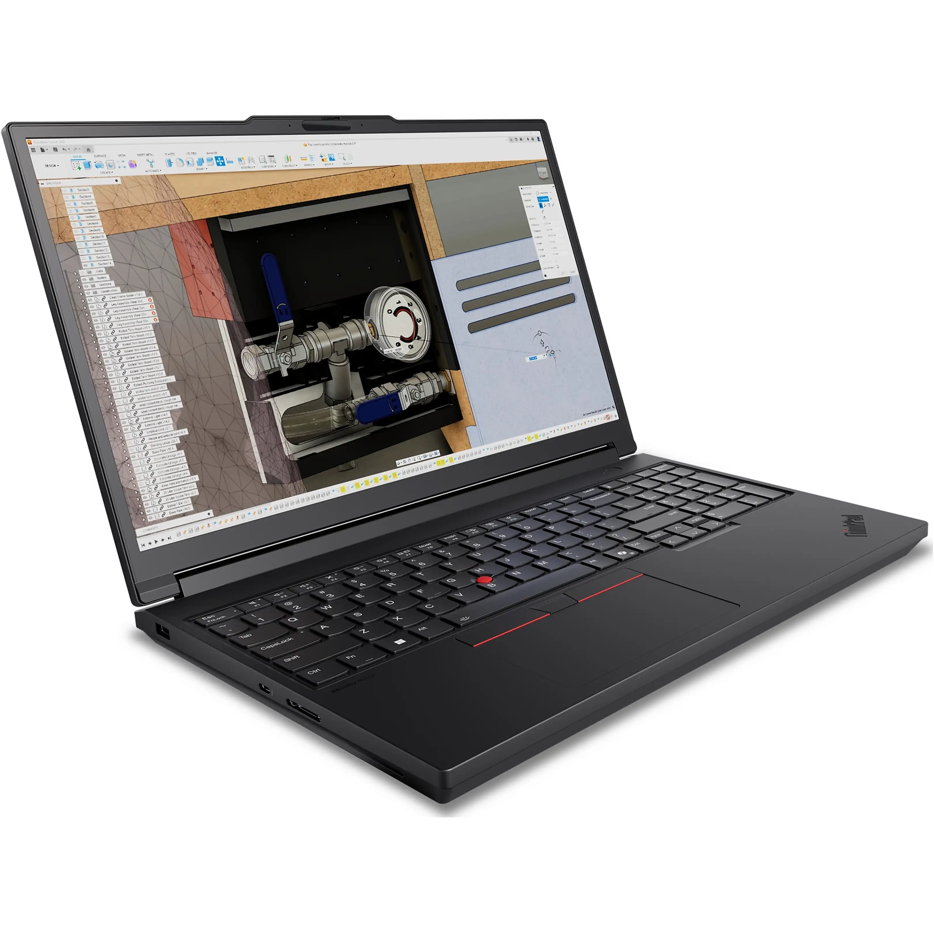 Un computer portatile nero mostra un modello CAD con valvole e tubi in un'interfaccia software sullo schermo.