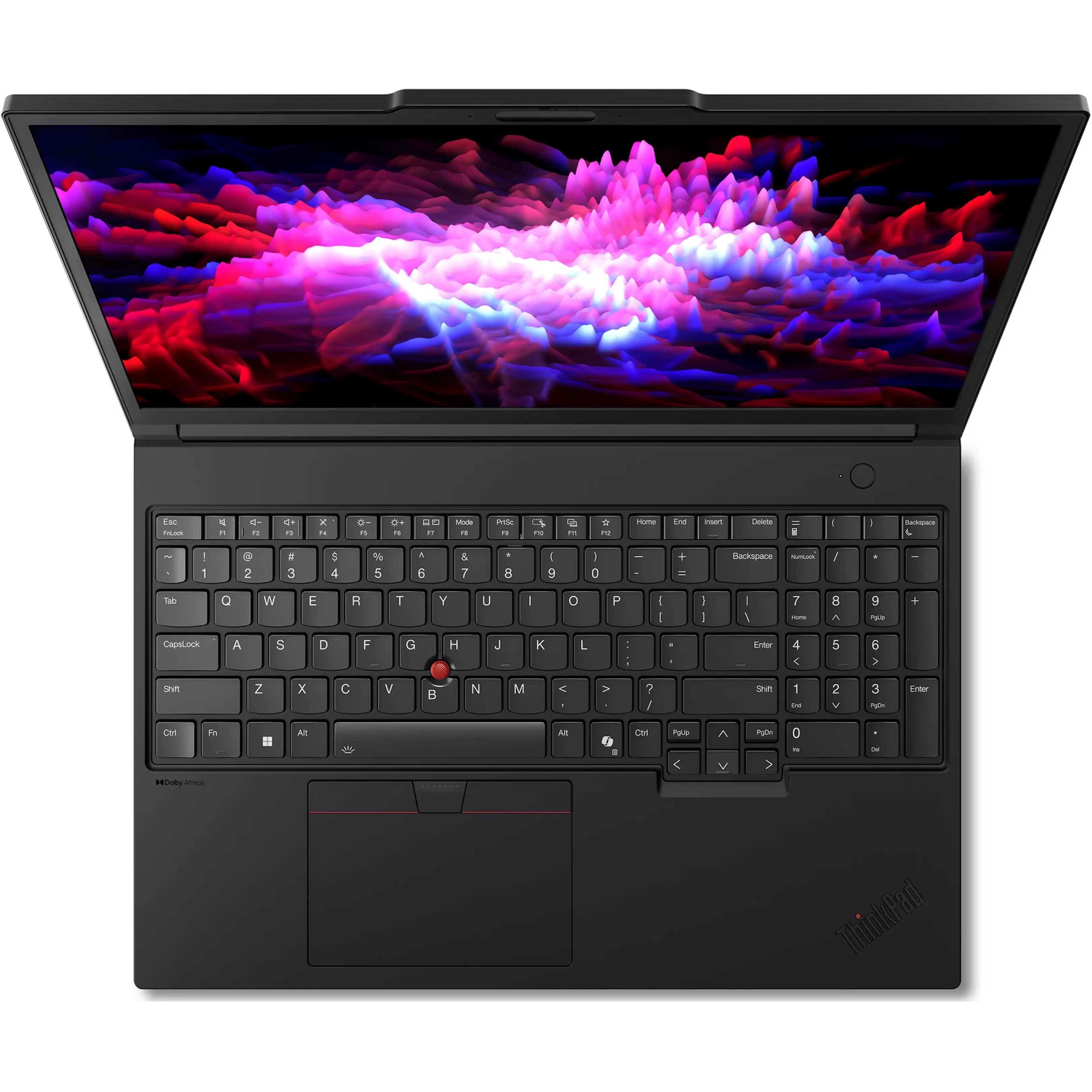 Un computer portatile nero mostra uno schermo rosa e blu vibrante, visto dall'alto.