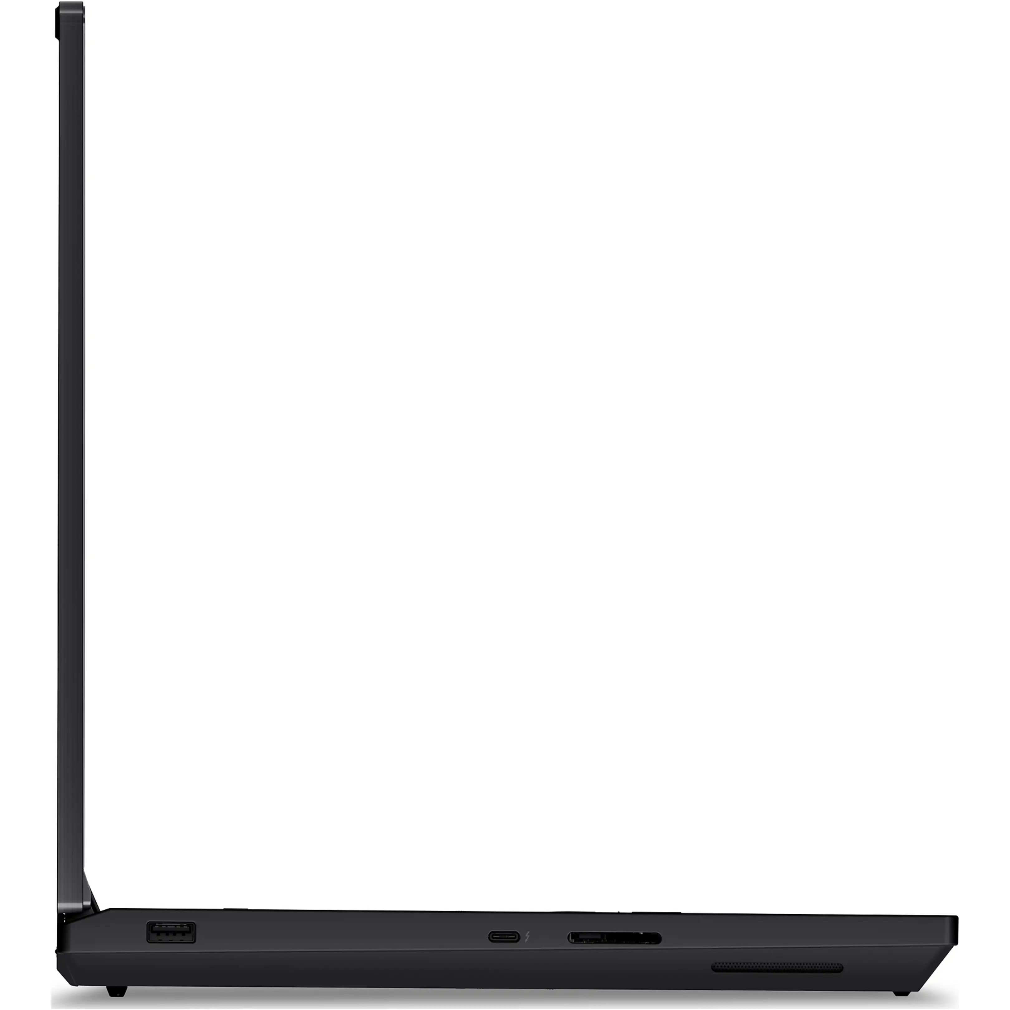 Vista laterale di un computer portatile nero che mostra porte e display chiuso.
