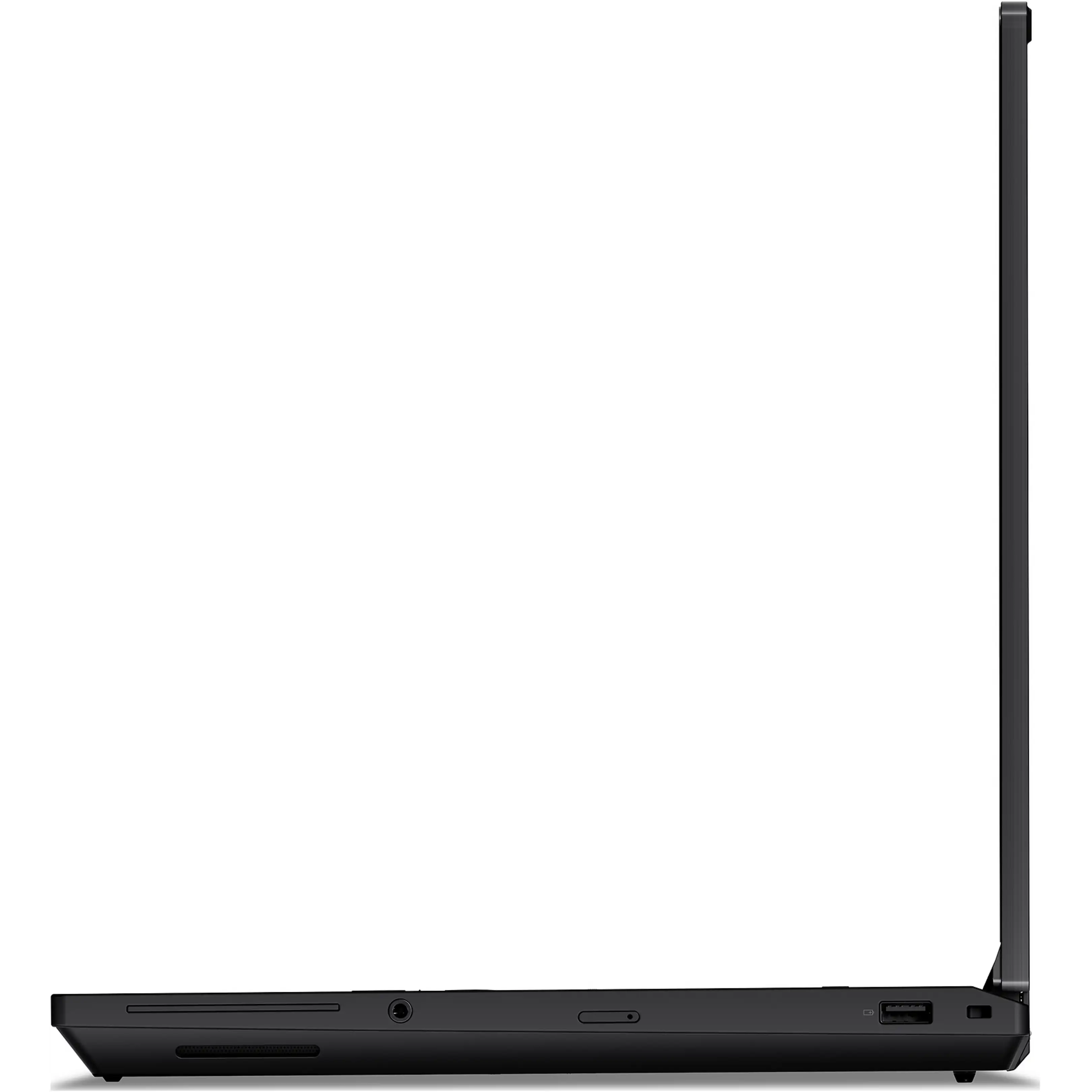 Vista laterale sinistra di un laptop nero con porte e schermo aperto.