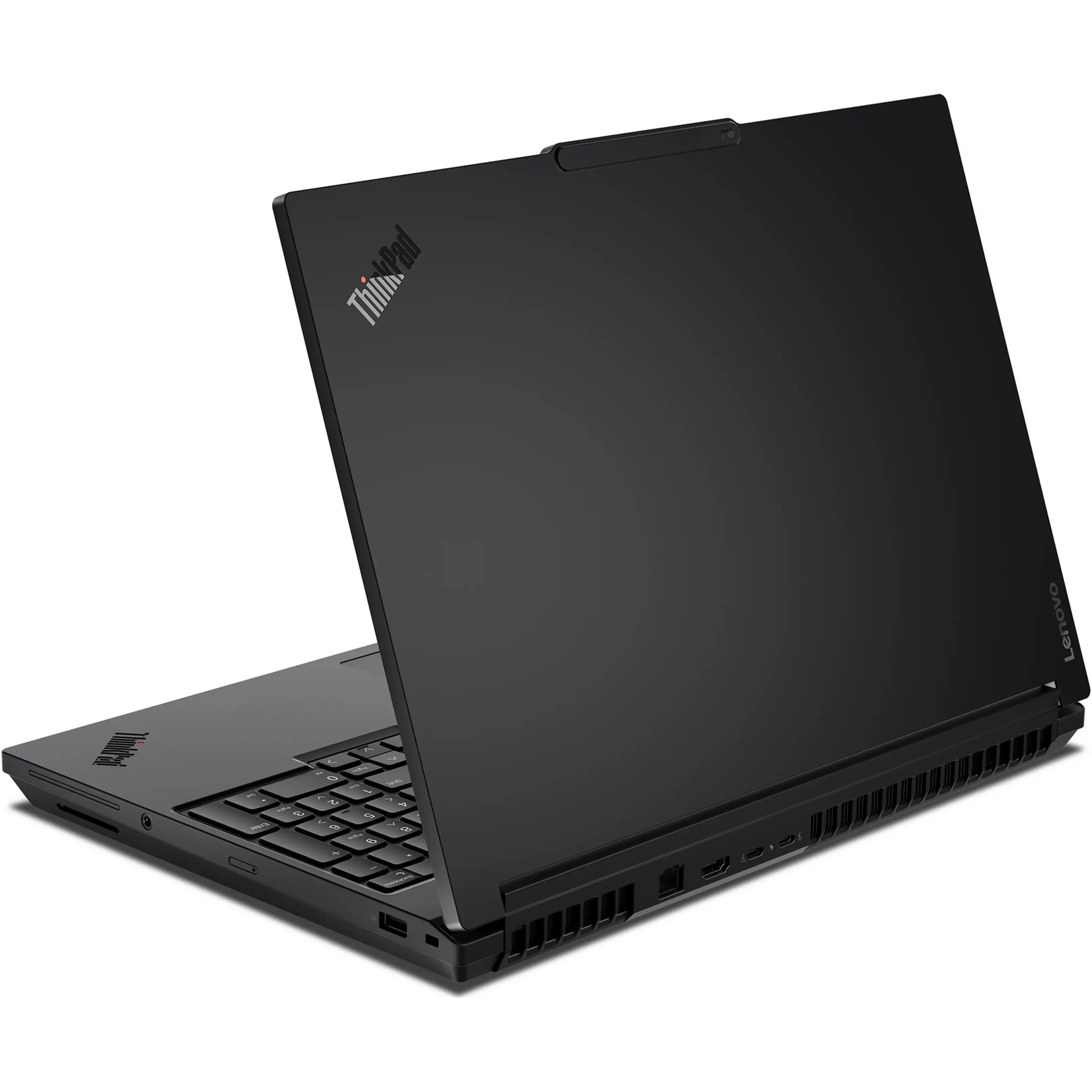 Un computer portatile Lenovo ThinkPad nero con lo schermo chiuso mostra i loghi e le porte posteriori.