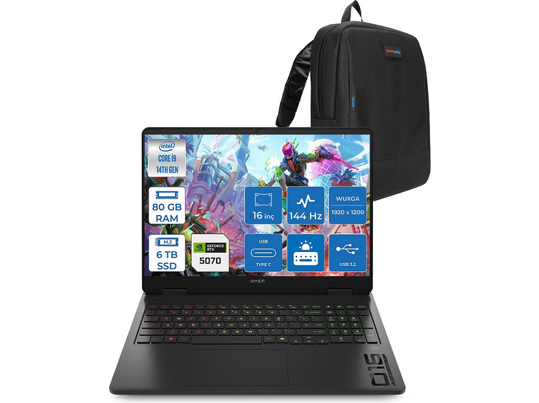 HP Omen DDR5 8 GB/RTX5070 C39J4EAF41 Intel Core i9-14900HX 80 GB RAM 6 TB SSD 16 inç FreeDOS Laptop+Çanta Gölge Siyahı