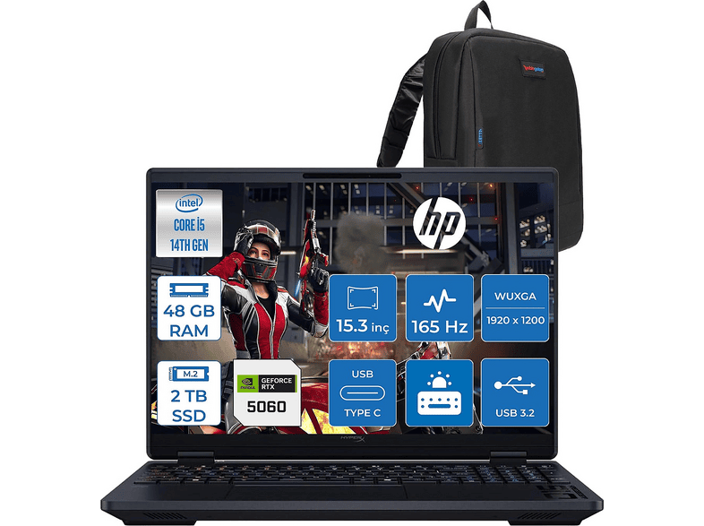 HP Hyperx Omen DDR5 8 GB/RTX5060 HOD2TT1EAF27 Intel Core i5-14450HX 48 GB RAM 2 TB SSD 15,3 inç FreeDOS Laptop+Çanta Gölge Siyahı