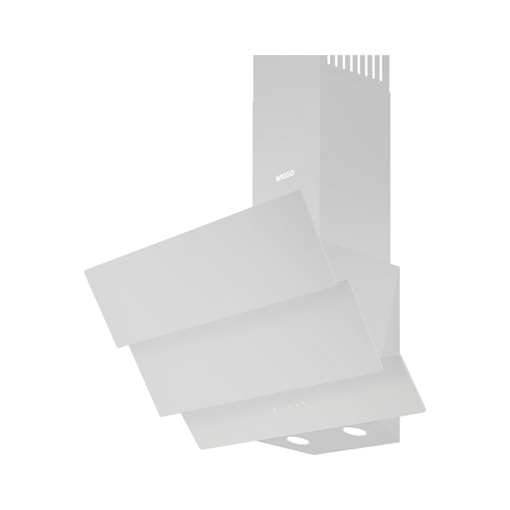 Modern white wall-mounted cooker hood with glass panels and LED lights against a white background.
