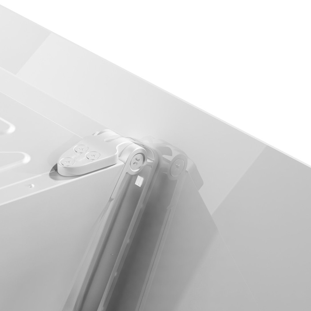 A white hinge on a white furniture edge connection.