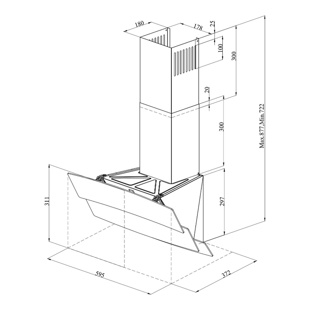 Technical drawing of a kitchen hood with dimensional measurements in millimeters.