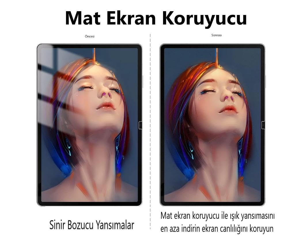 İki tablet karşılaştırması: Solda yoğun yansıma, sağda mat ekran koruyucu ile yansımasız ekran.