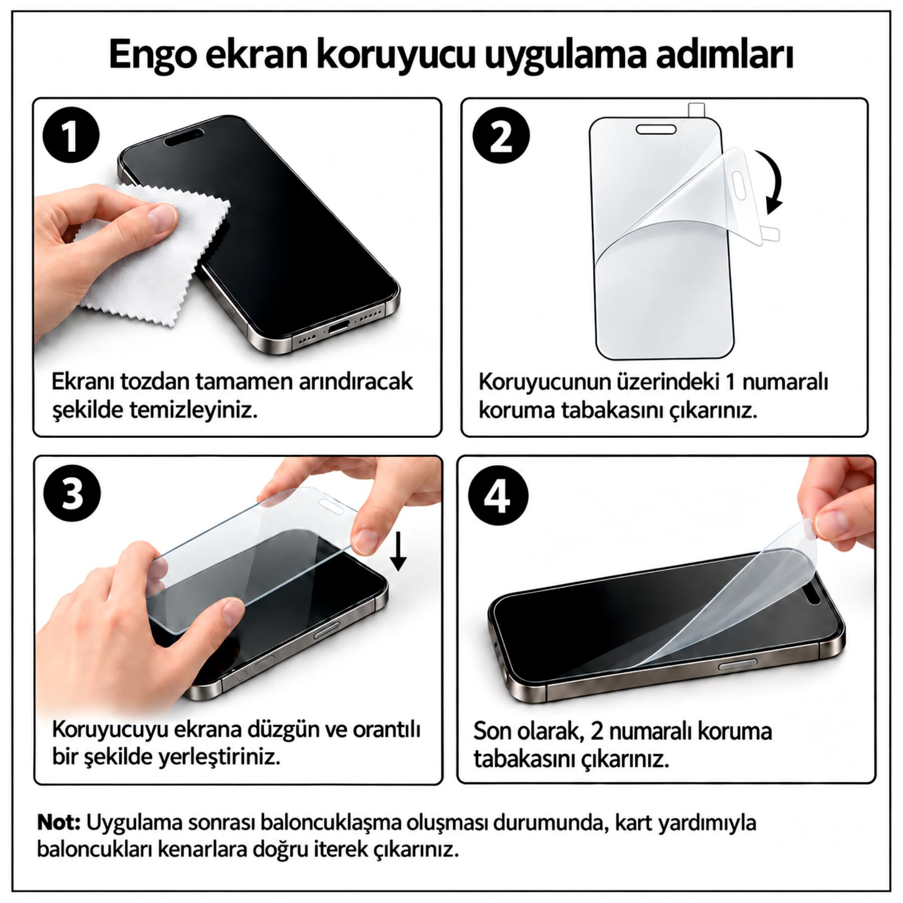 Talimat metniyle birlikte akıllı telefon ekran koruyucusu uygulama adımları.