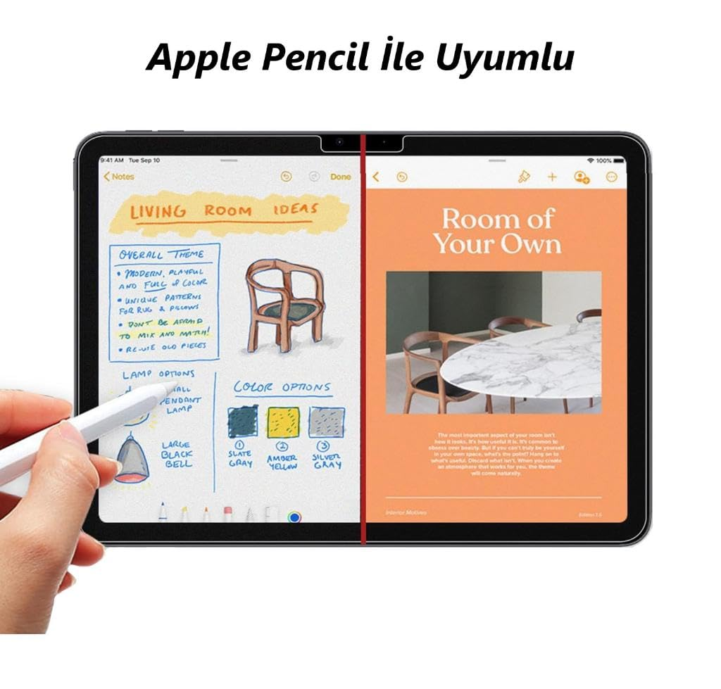 İç mimari notları ve fotoğrafları gösteren tabletin yanında Apple Pencil tutan el.