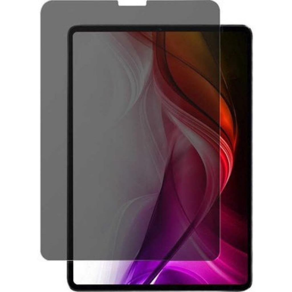 Parlak soyut arka plana ve üzerinde koyu renkli bir ekran koruyucuya sahip bir tablet.