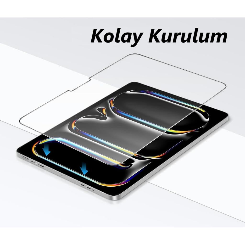 Kolay Kurulum yazısıyla bir tablete uygulanan cam ekran koruyucu.