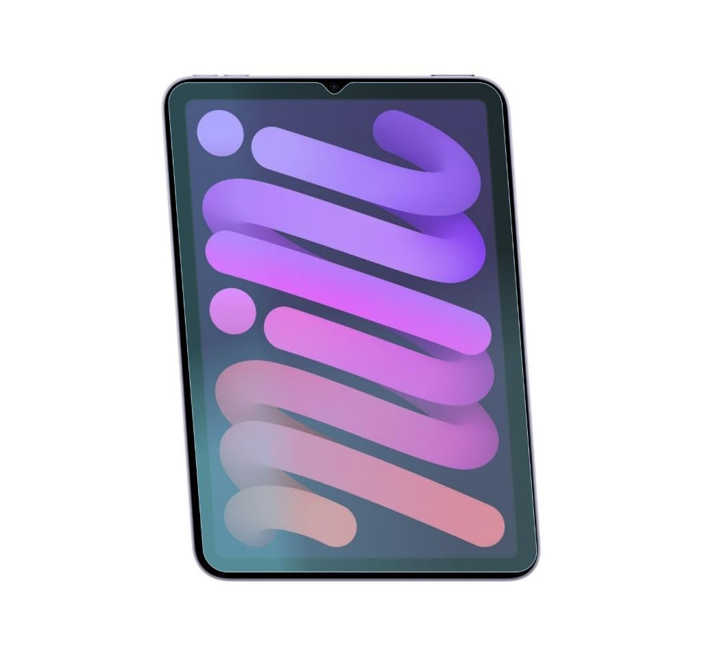 Bir tabletin ekranında mini kelimesini oluşturan soyut, mor dalgalı bir desen görünmektedir.