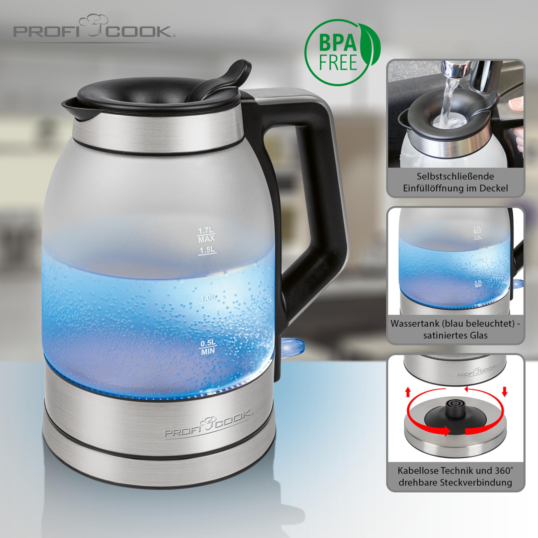 Hervidor de agua de vidrio con iluminación azul, asa negra y detalles de acero inoxidable, con tres vistas detalladas.