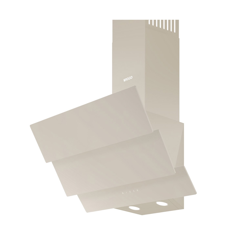 A beige kitchen cooker hood with angled front panels and two lights underneath on a white background.