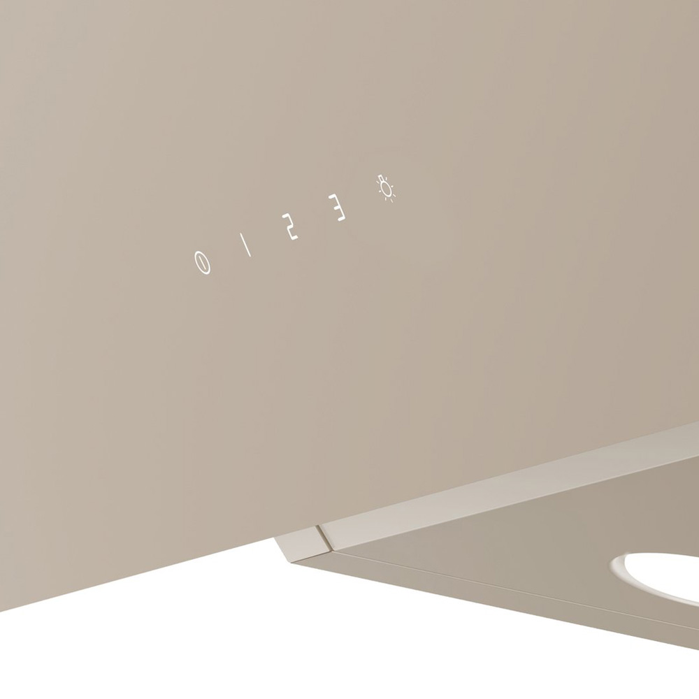 Beige cooker hood with illuminated touch controls for power and light.