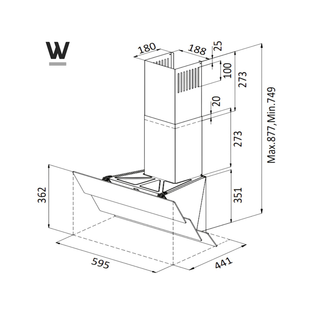 Technical drawing of a modern cooker hood with dimensions in millimeters.