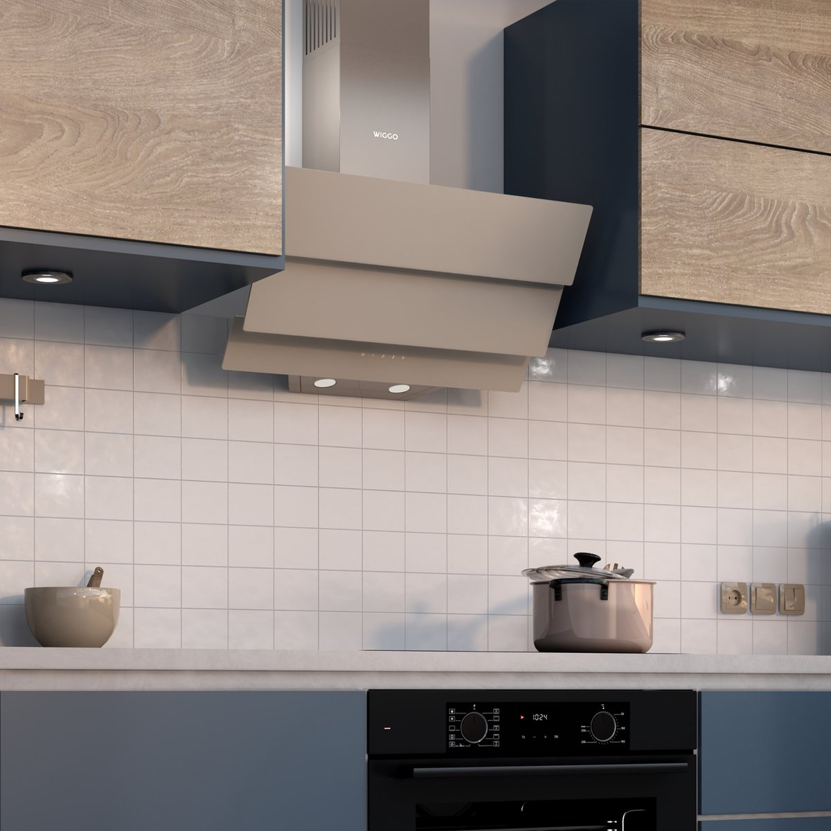 A modern kitchen features a beige range hood, wooden cabinets, white tiled backsplash, and an oven below the counter.
