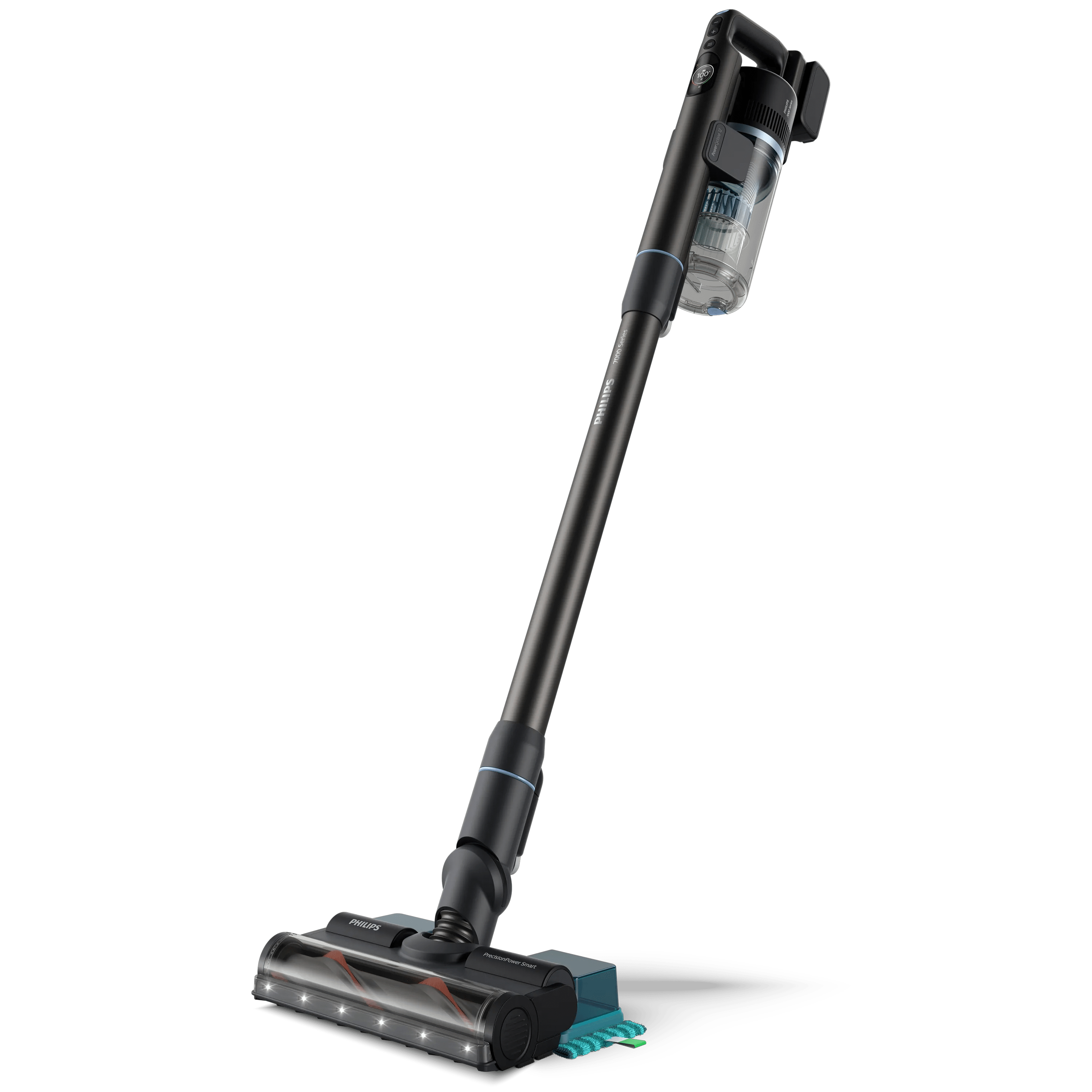 Czarny odkurzacz bezprzewodowy Philips z oświetleniem LED na szczotce na białym tle.