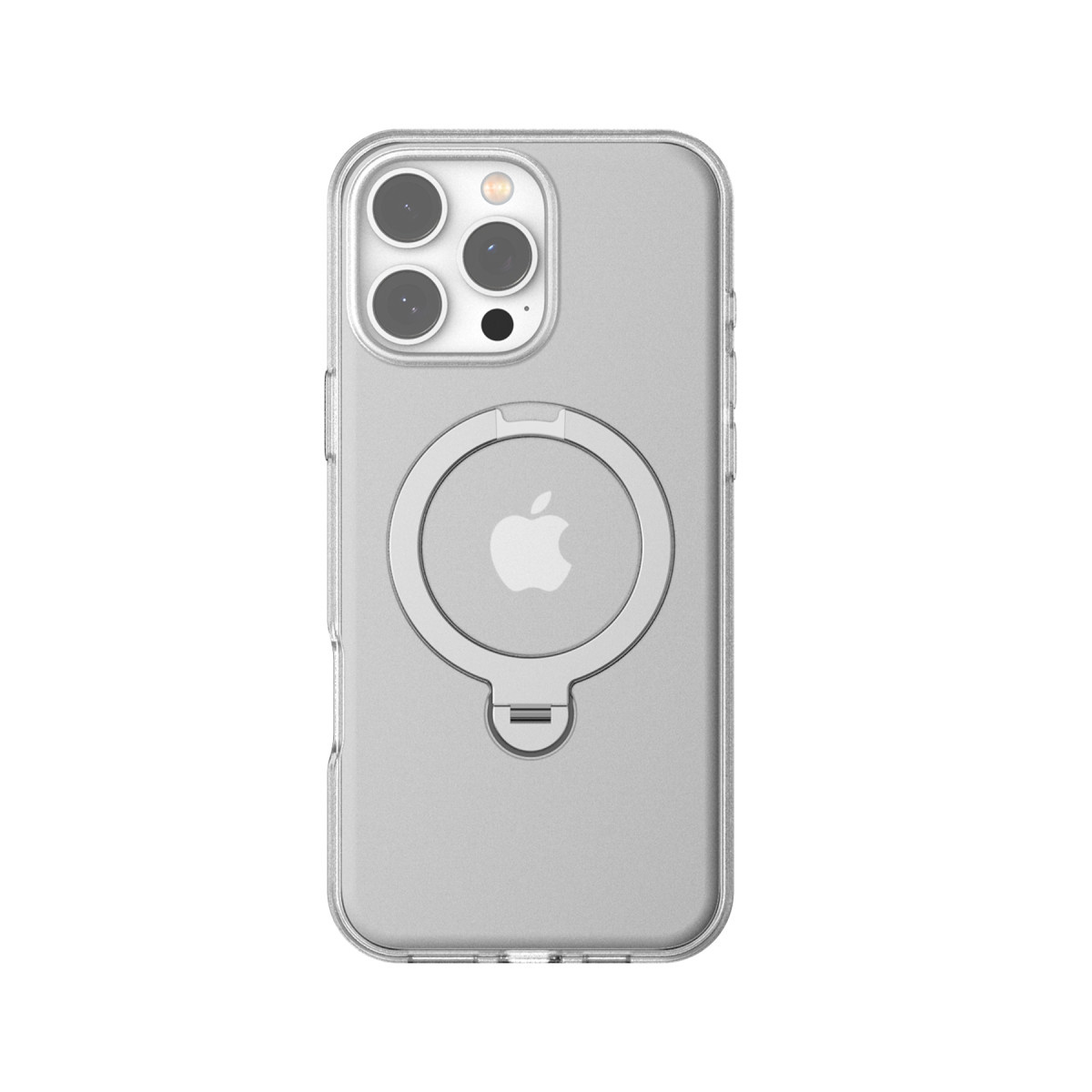 Beyaz arka planda yerleşik MagSafe halkalı ve standlı şeffaf kılıf içerisindeki bir iPhone'un arka görünümü.