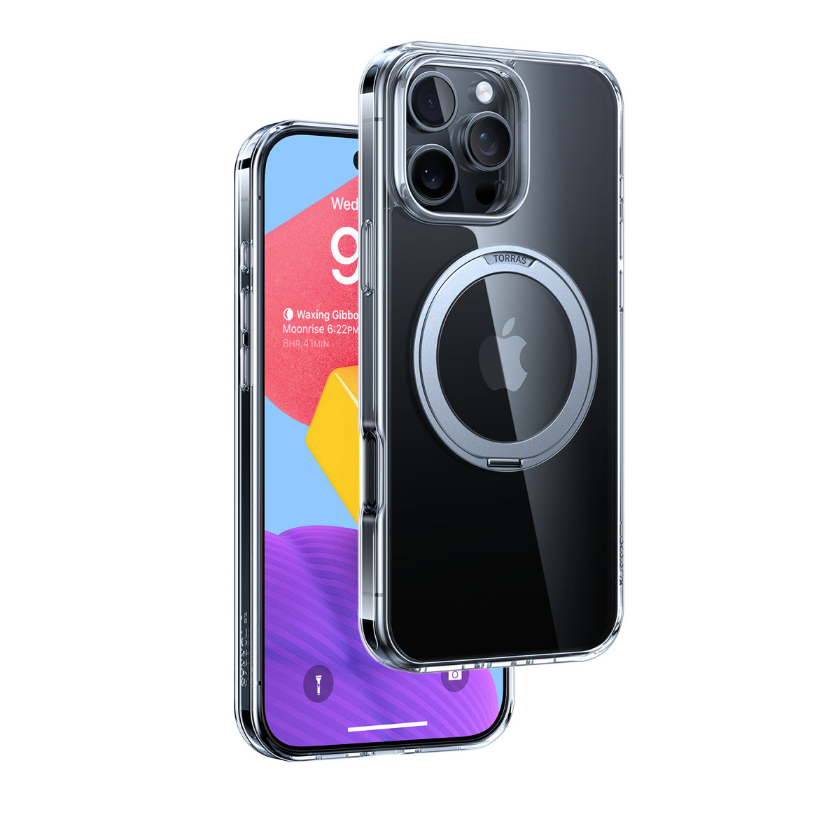 Arkasında manyetik halka bulunan şeffaf telefon kılıfı ve renkli ekranlı akıllı telefon.