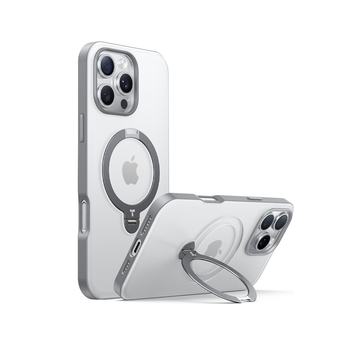 Gümüş MagSafe halkalı şeffaf kılıflı iki beyaz iPhone, biri dikey, diğeri destek çubuğuyla eğimli duruyor.