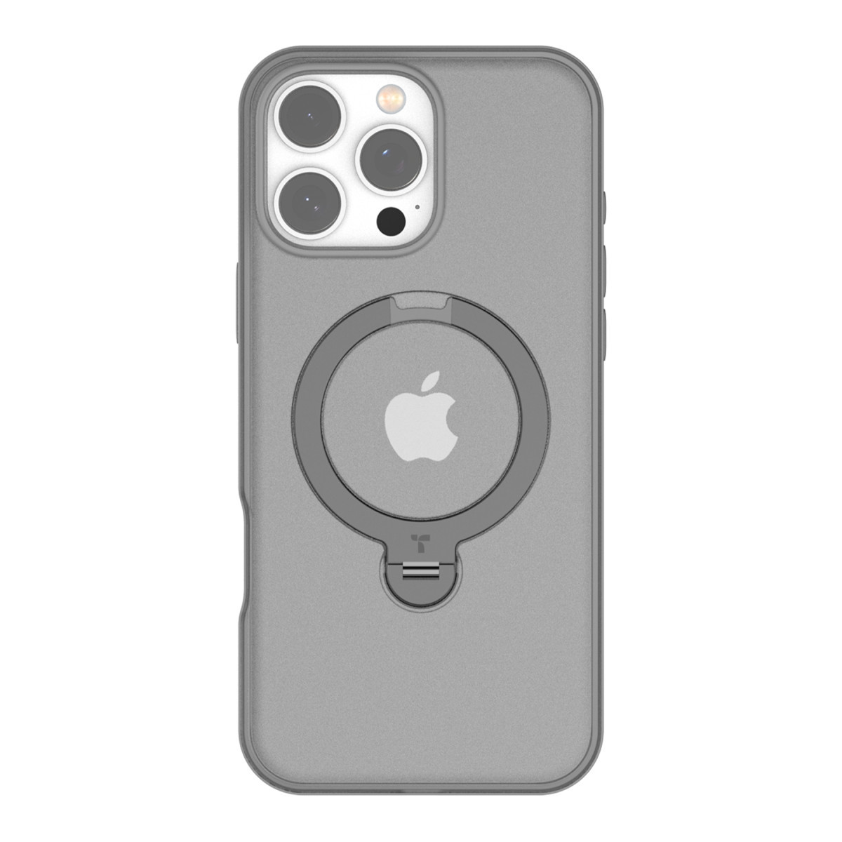 Bir iPhone'un arkasında MagSafe halkalı ve entegre destek çubuklu gri akıllı telefon kılıfı.