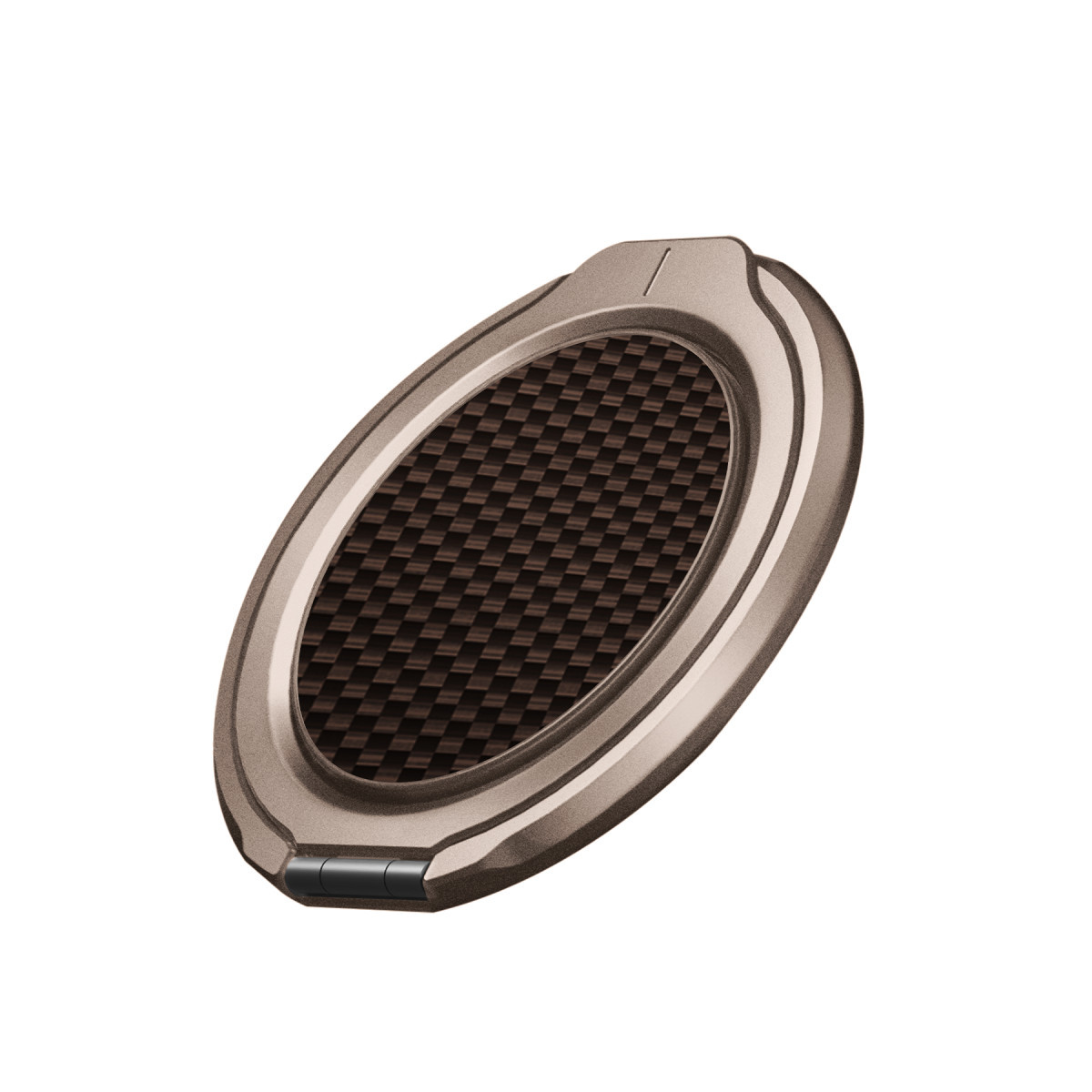 Beyaz arka planda açılı olarak gösterilen oval bronz ve siyah karbon fiber aksesuar.