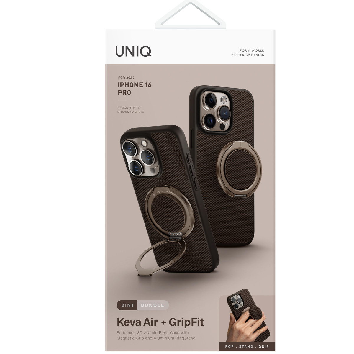 Entegre halka standlı kahverengi Uniq Keva Air ve GripFit iPhone 16 Pro kılıf ambalajı.