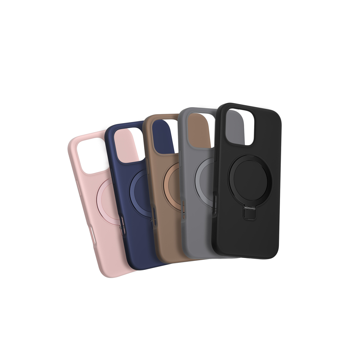 Pembe, koyu mavi, kahverengi, gri ve siyah renklerde halka standlı beş telefon kılıfı.