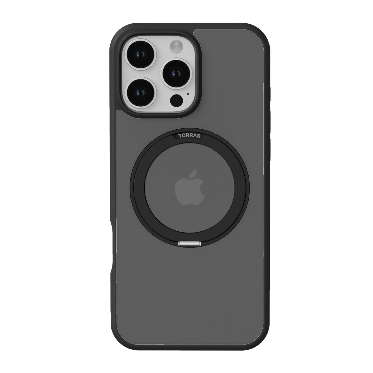 Siyah çerçeveli, MagSafe halkalı ve üçlü kameralı gri iPhone kılıfı, beyaz arka planda.