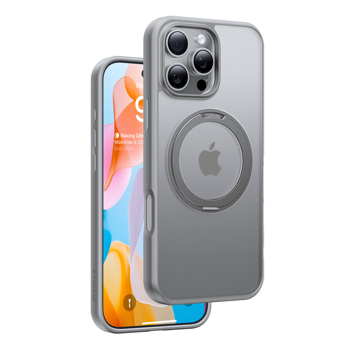 Koruyucu kılıf içindeki gri bir iPhone, ekranı ve kamera modüllü arka yüzeyini gösteriyor.